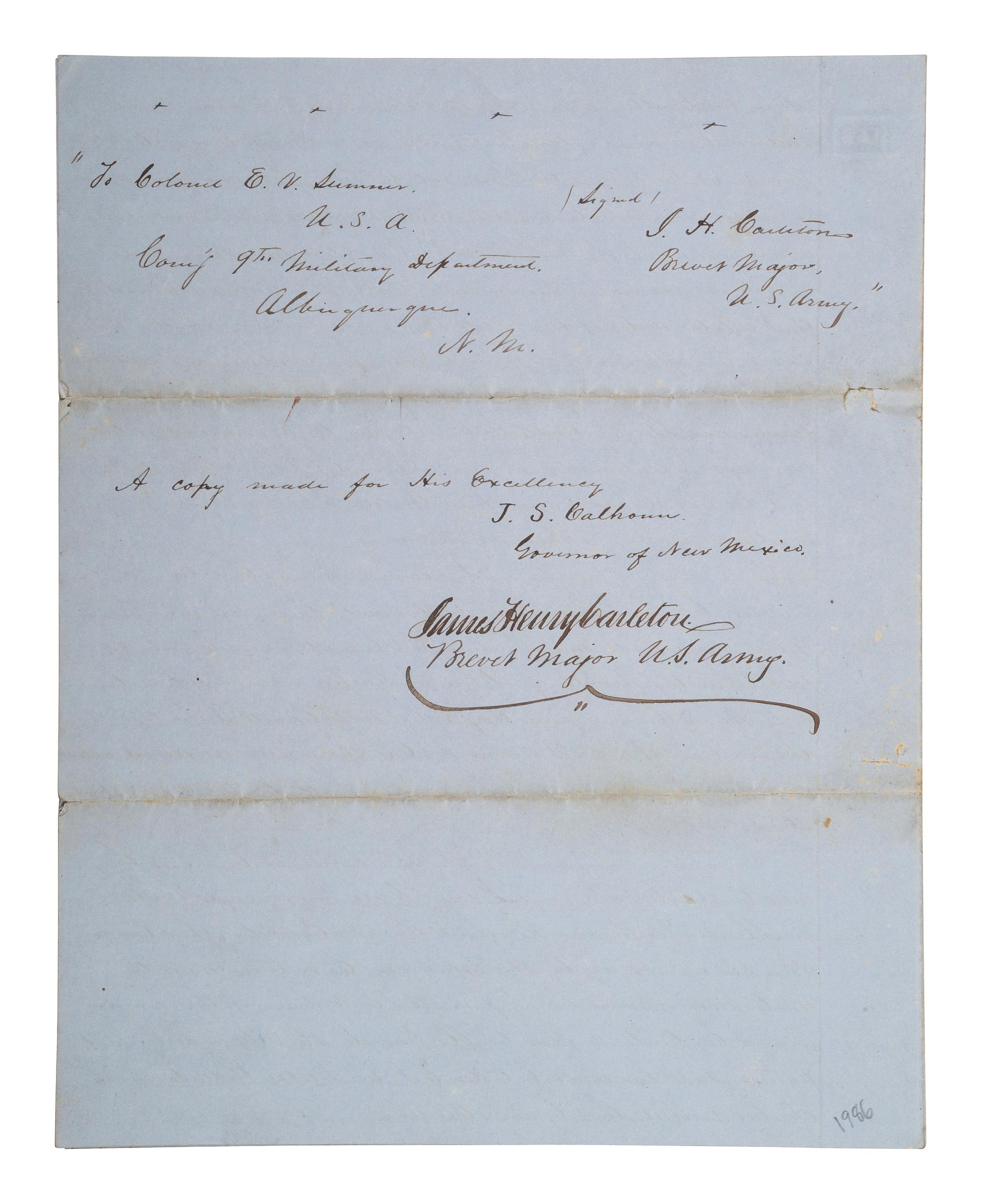 [WESTERN AMERICANA]. CARLETON, Major General James Henry (1814-1873). Extract of a report on the "Bosque Redondo" region of New Mexico signed ("James Henry Carleton") as Bvt. Major and submitted to the Governor of New Mexico, [ca 1852].