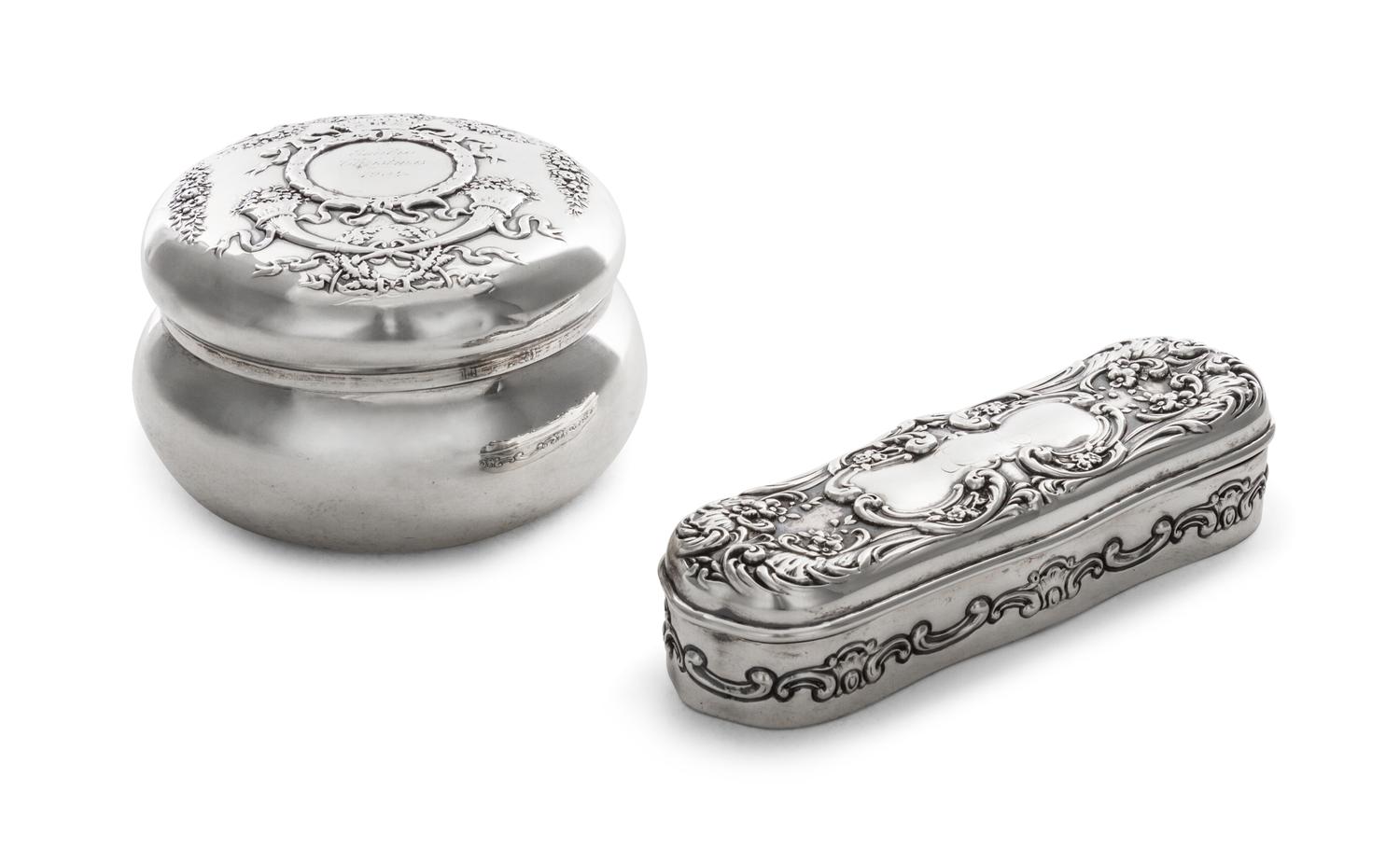 Two American Silver Boxes, Gorham and Howard & Co., 19th/20th Century, comprising an oval pin box by Gorham and a circular lidded powde