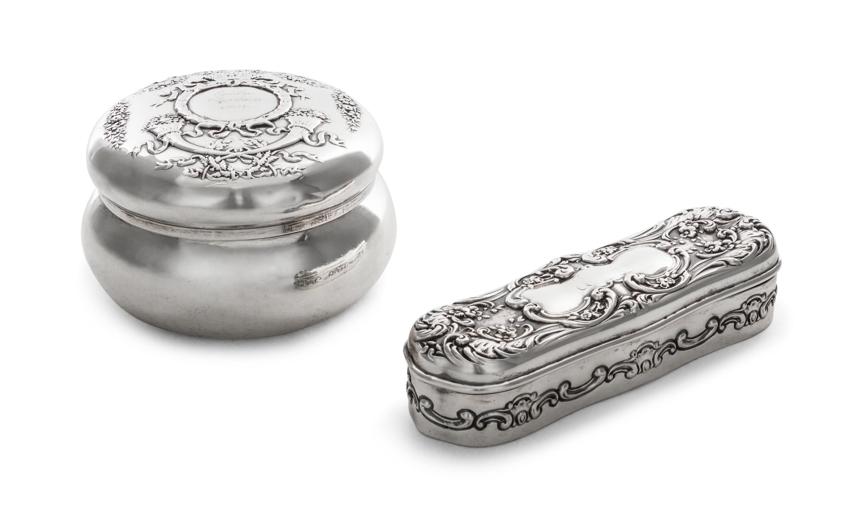 Two American Silver Boxes, Gorham and Howard & Co., 19th/20th Century, comprising an oval pin box by Gorham and a circular lidded powde