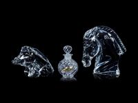 A Herend Porcelain Duck, Two Baccarat Glass Animals, a Baccarat Glass Perfume Bottle and Two Wedgwood Jasperware Articles