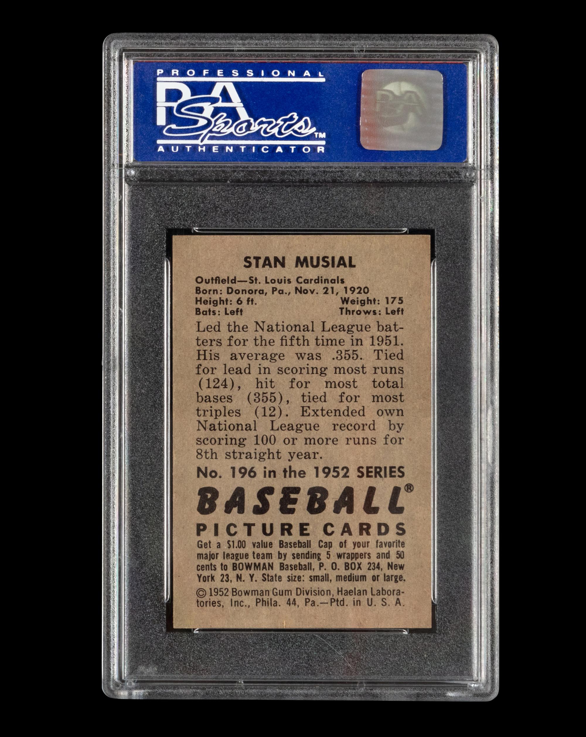 A 1952 Bowman Stan Musial Baseball Card No. 196 (PSA 8 NM-MT)