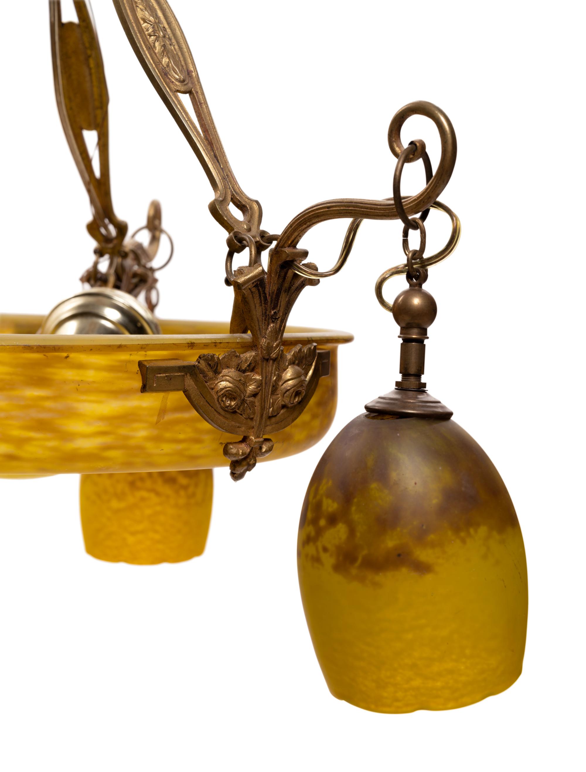 A Gilt Bronze and Colored Glass Four-Light Chandelier