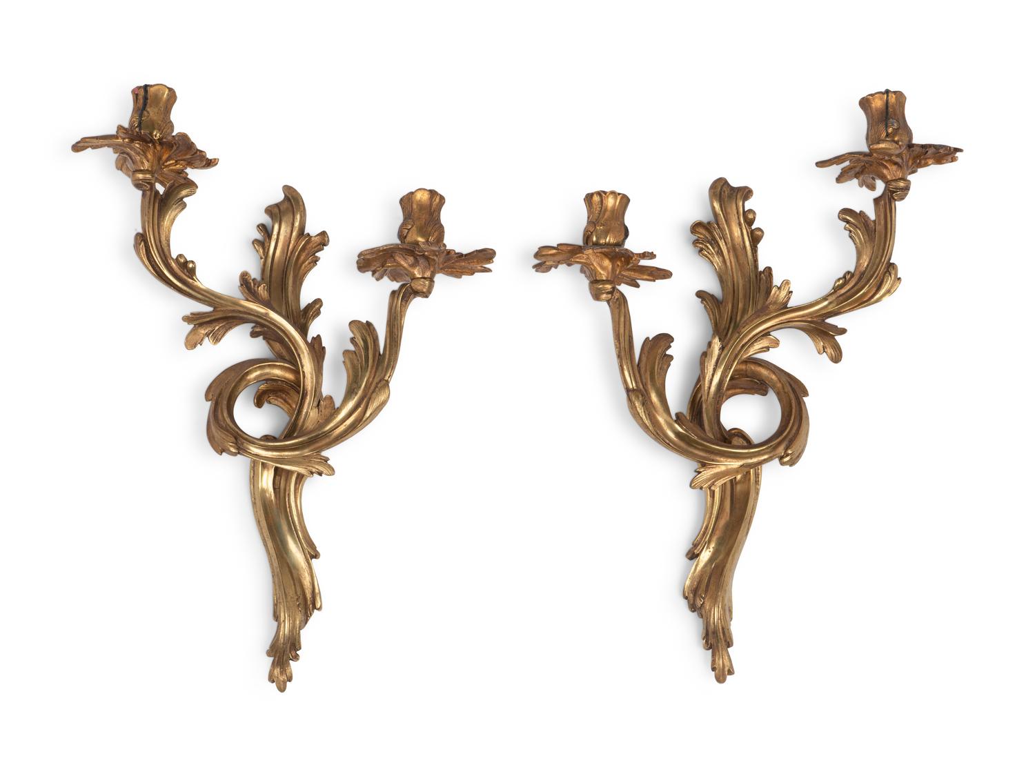 A Pair of Louis XV Style Gilt Bronze Two-Light Sconces