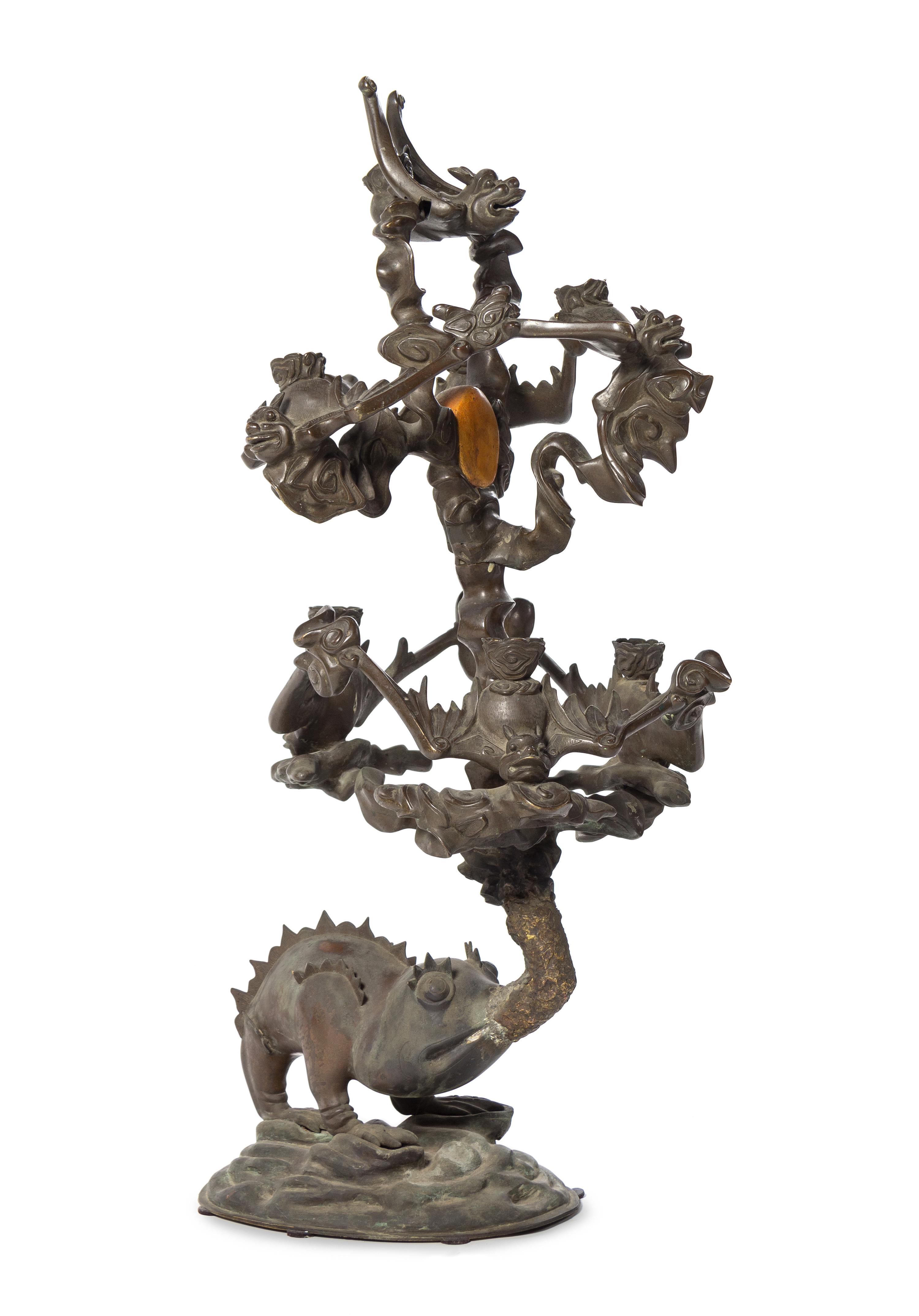 A Large Chinese Bronze Seven-Light Candelabrum with Bats 19TH CENTURY Height 39 3/4 inches. — 19TH CENTURY