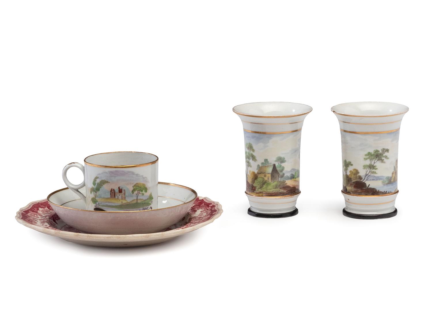 Four Painted Porcelain Articles and a Transferware Plate