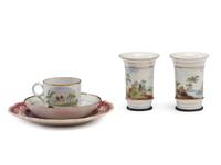 Four Painted Porcelain Articles and a Transferware Plate