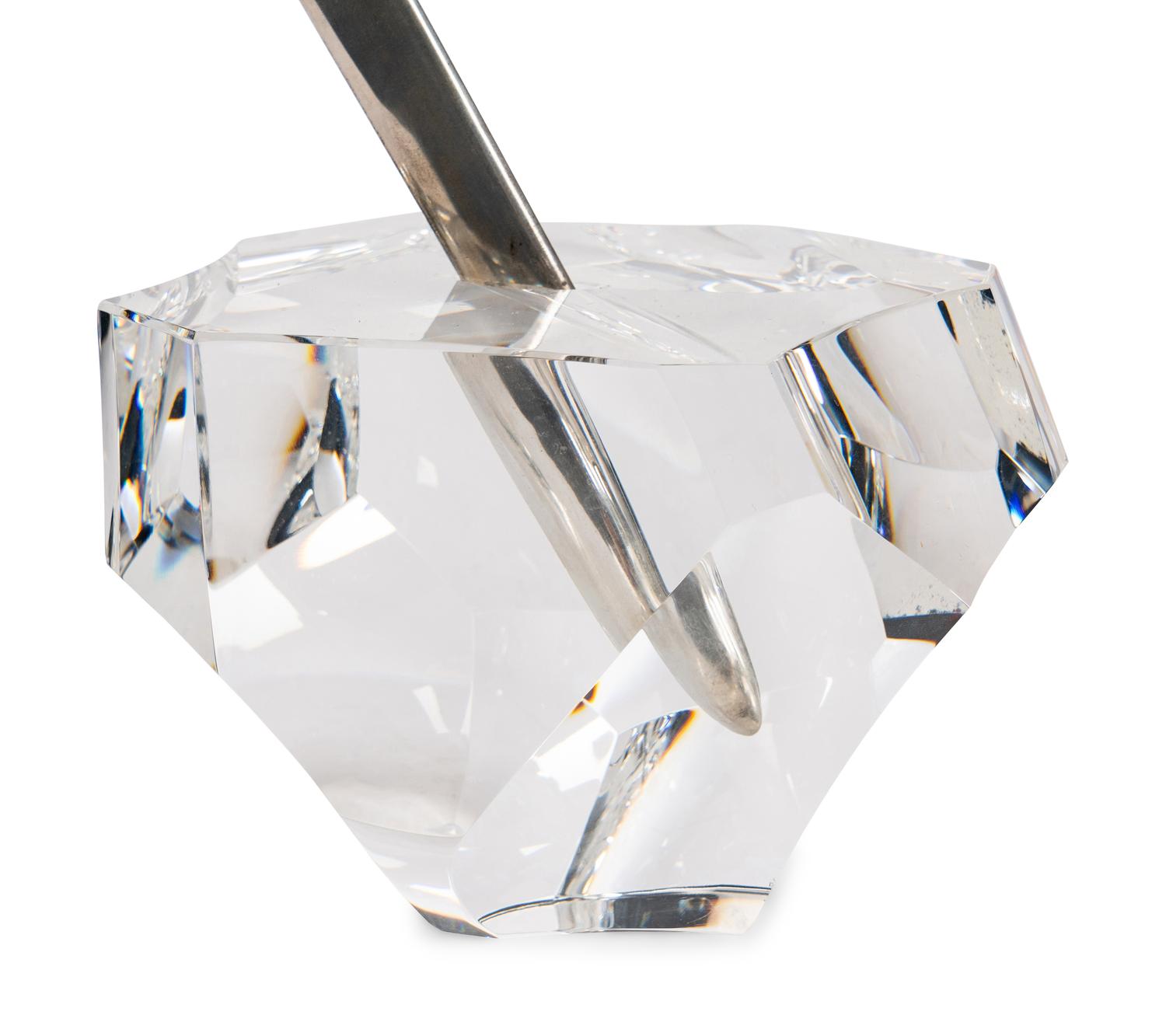A Steuben Glass, Sterling Silver and 18 Karat Gold Excalibur Sculpture