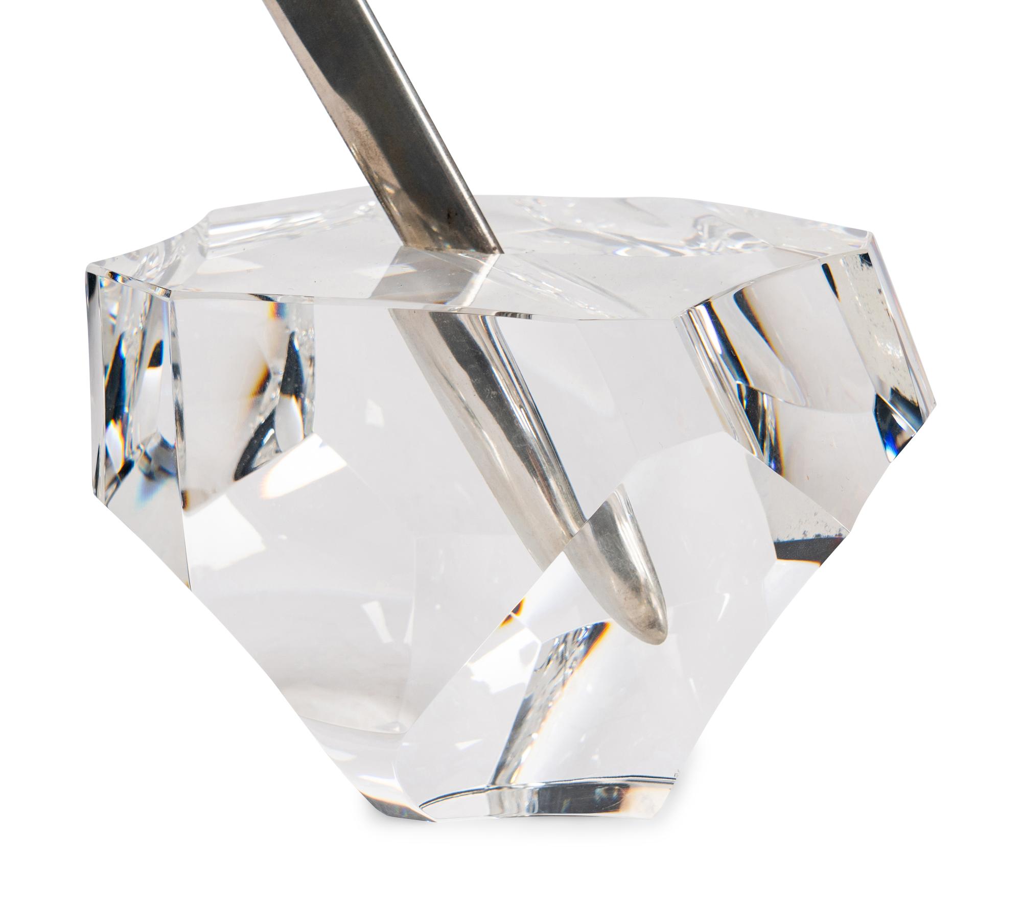 A Steuben Glass, Sterling Silver and 18 Karat Gold Excalibur Sculpture
