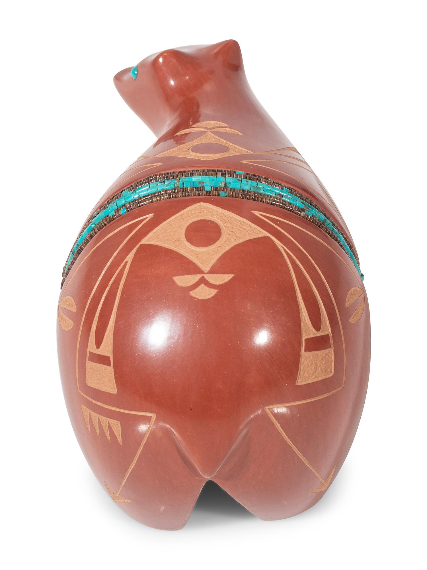 Redware Pottery Bear, with Turquoise and Heishi
