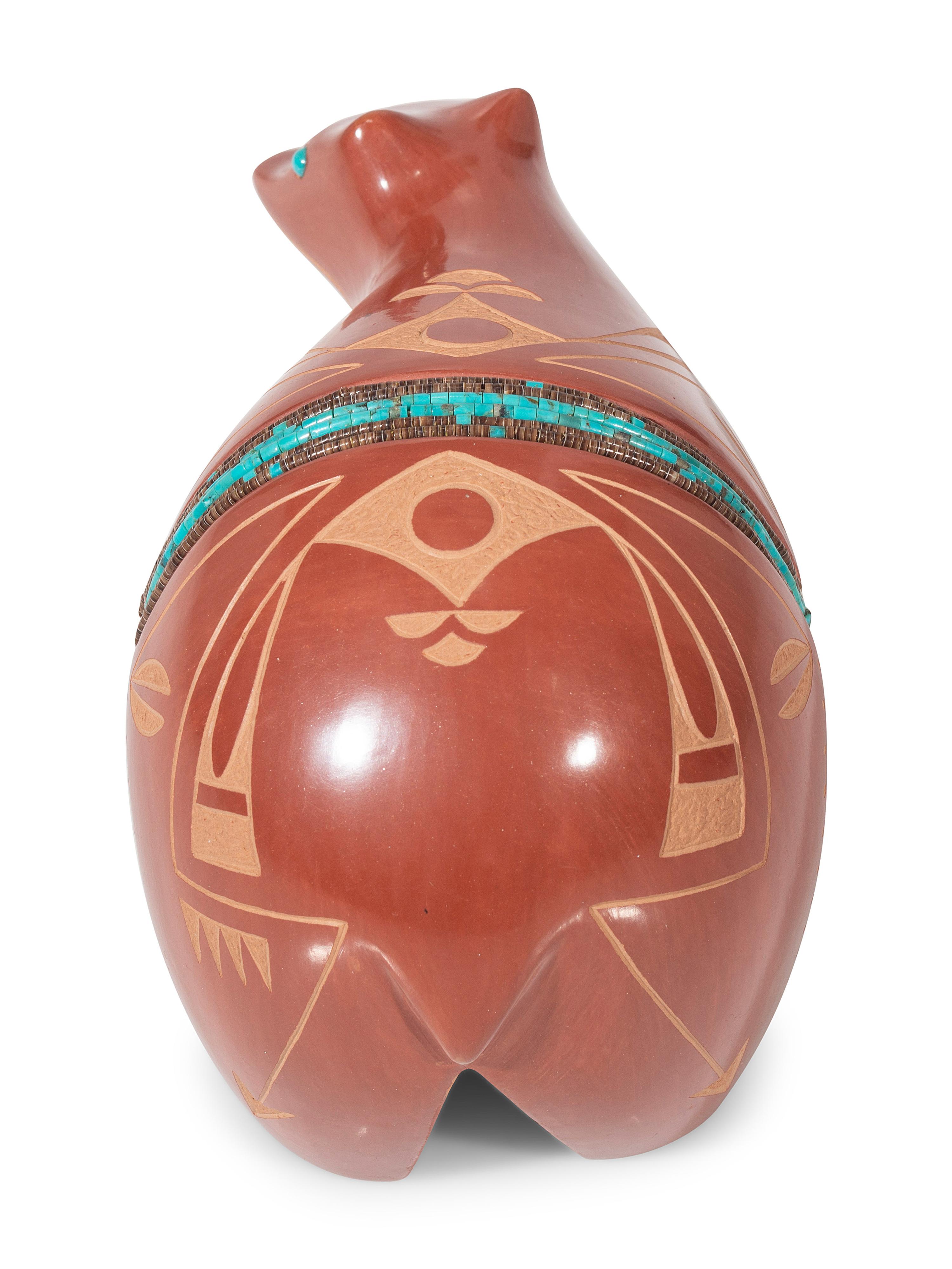 Redware Pottery Bear, with Turquoise and Heishi
