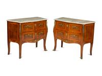A Pair of Louis XV Style Gilt Metal Mounted Bookmatch Veneered Marble-Top Commodes