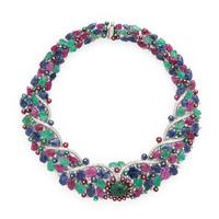 Emerald, Sapphire, Ruby, Diamond, and White Gold Foliate Collar Necklace