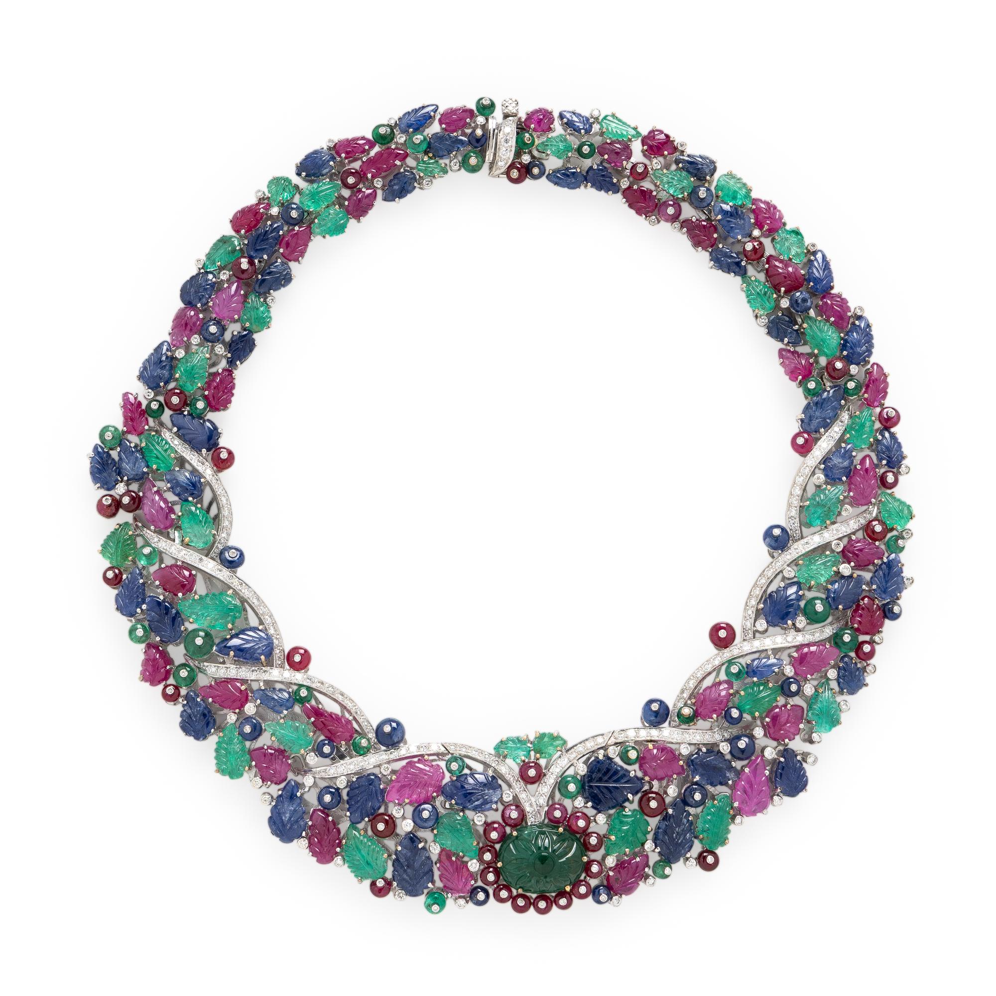 Emerald, Sapphire, Ruby, Diamond, and White Gold Foliate Collar Necklace