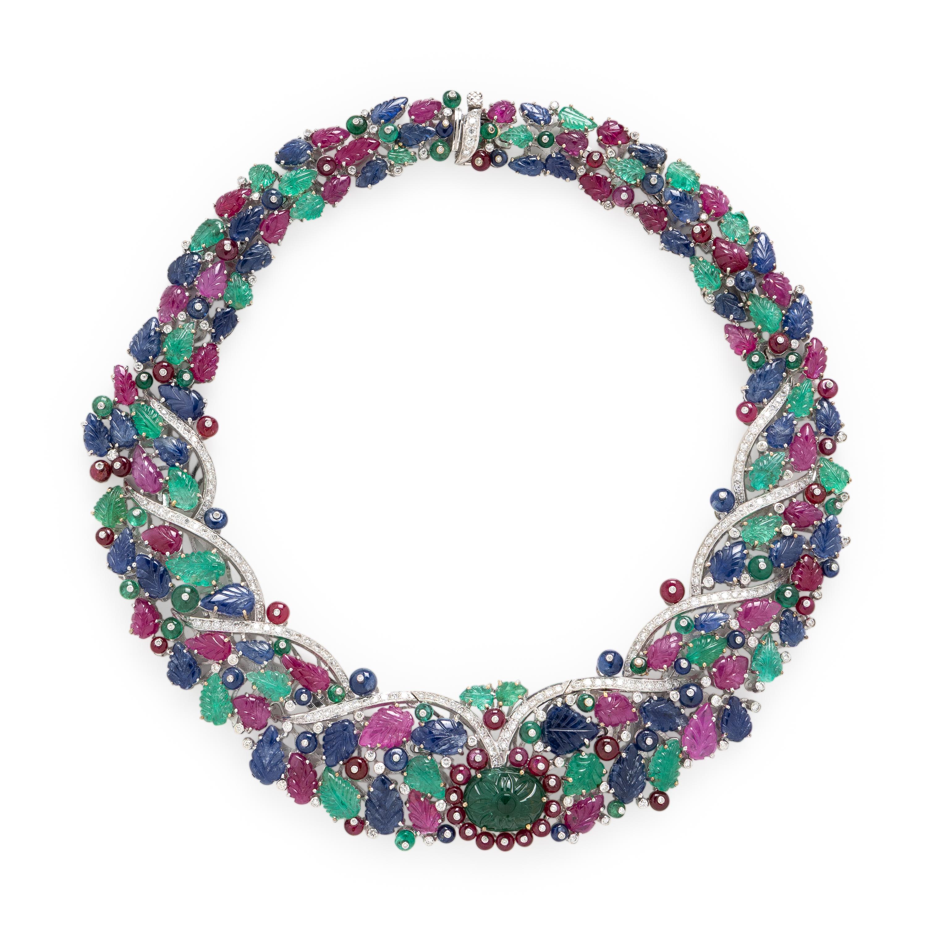 Emerald, Sapphire, Ruby, Diamond, and White Gold Foliate Collar Necklace