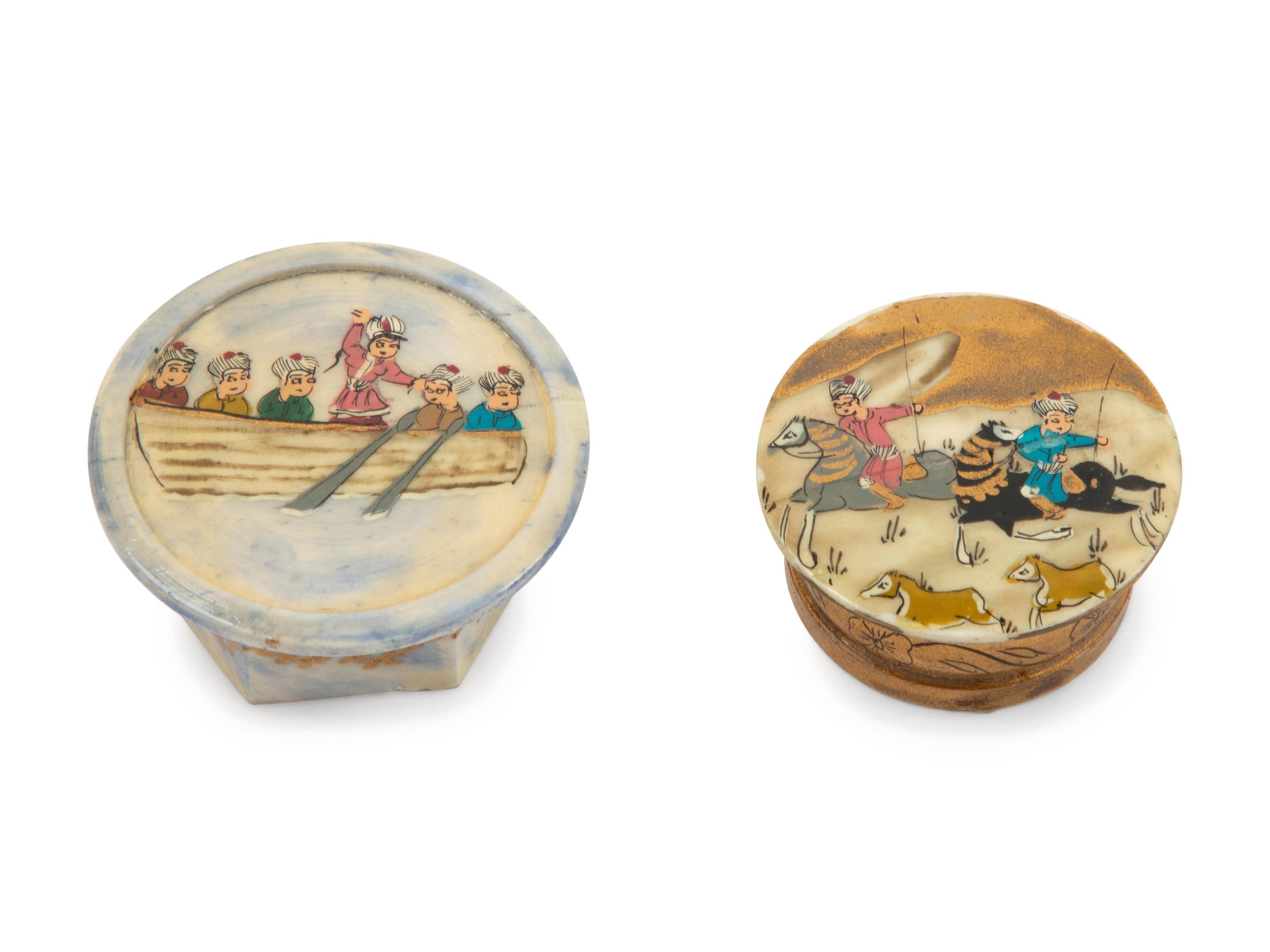 Two Persian Painted Bone Trinket Boxes
