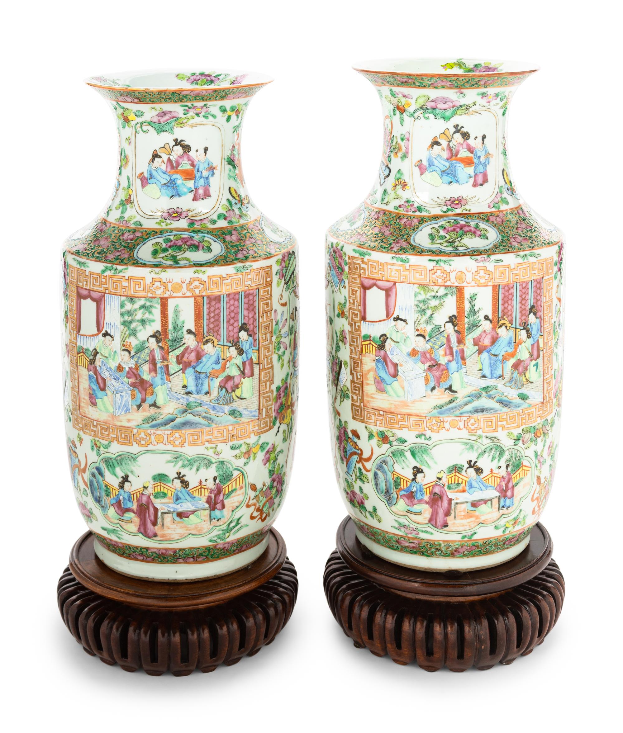 A Pair of Chinese Export Canton Style Porcelain Vases