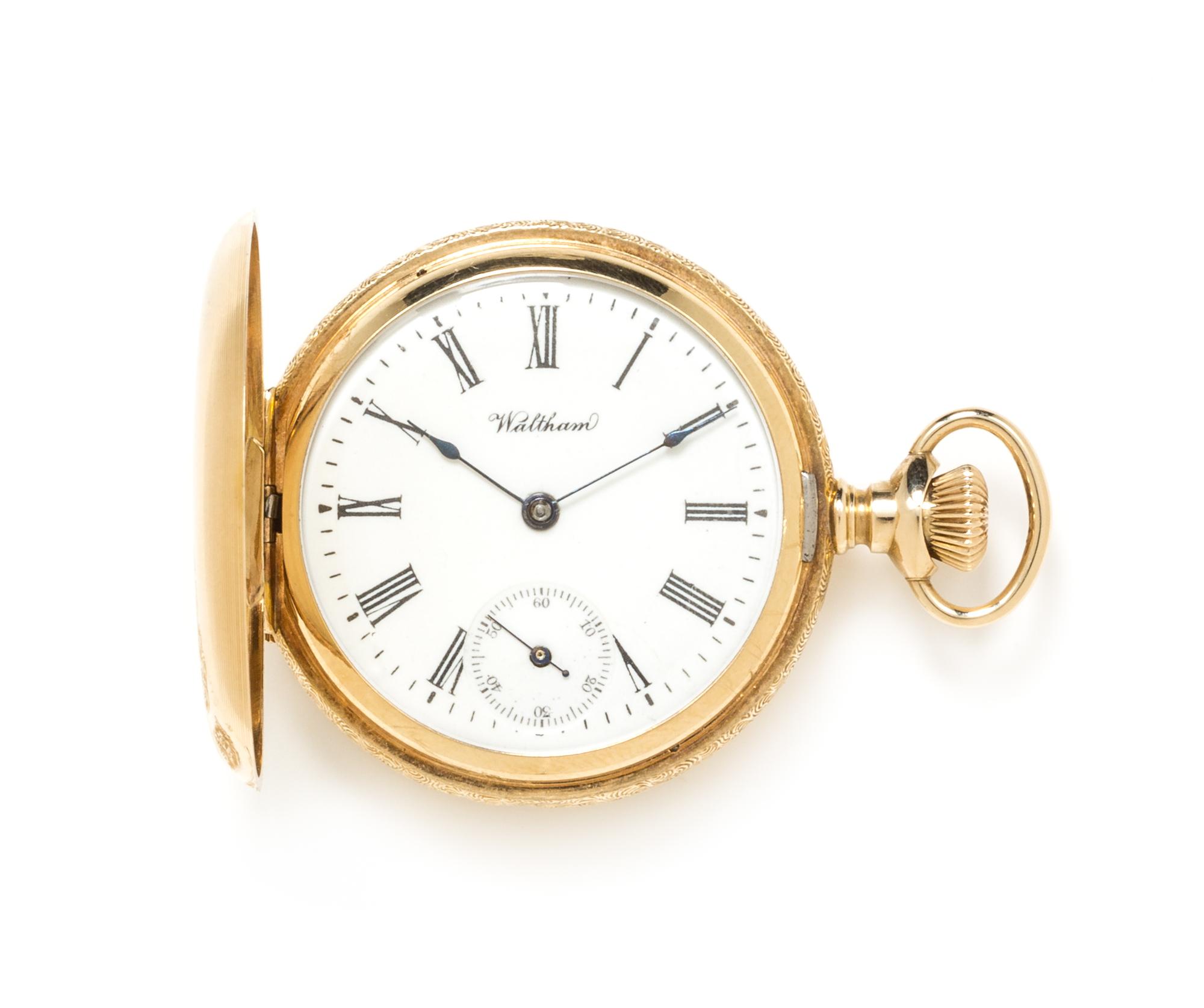 A 14 Karat Yellow Gold Hunter Case Pocket Watch, Waltham, Circa 1901, 21.30 dwts.