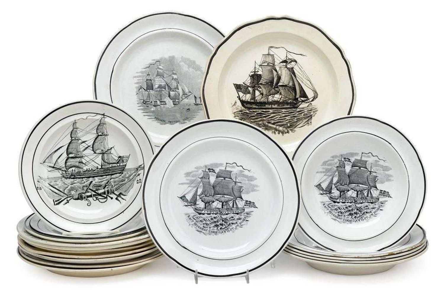 Large group of Staffordshire transfer-printed creamware plates with maritime views first half 19th century
