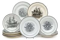 Large group of Staffordshire transfer-printed creamware plates with maritime views first half 19th century