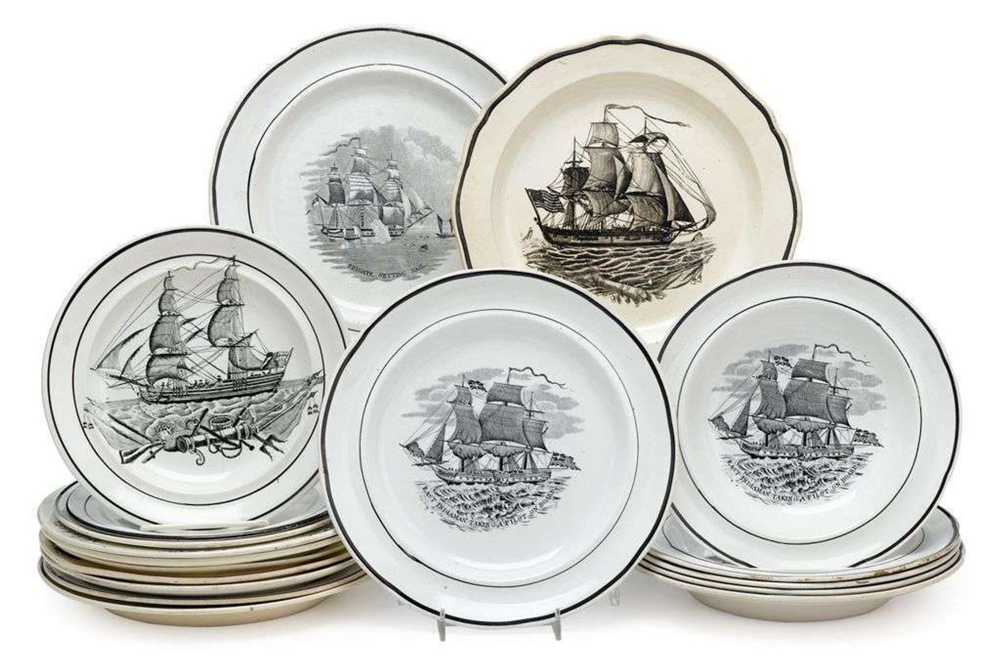 Large group of Staffordshire transfer-printed creamware plates with maritime views first half 19th century
