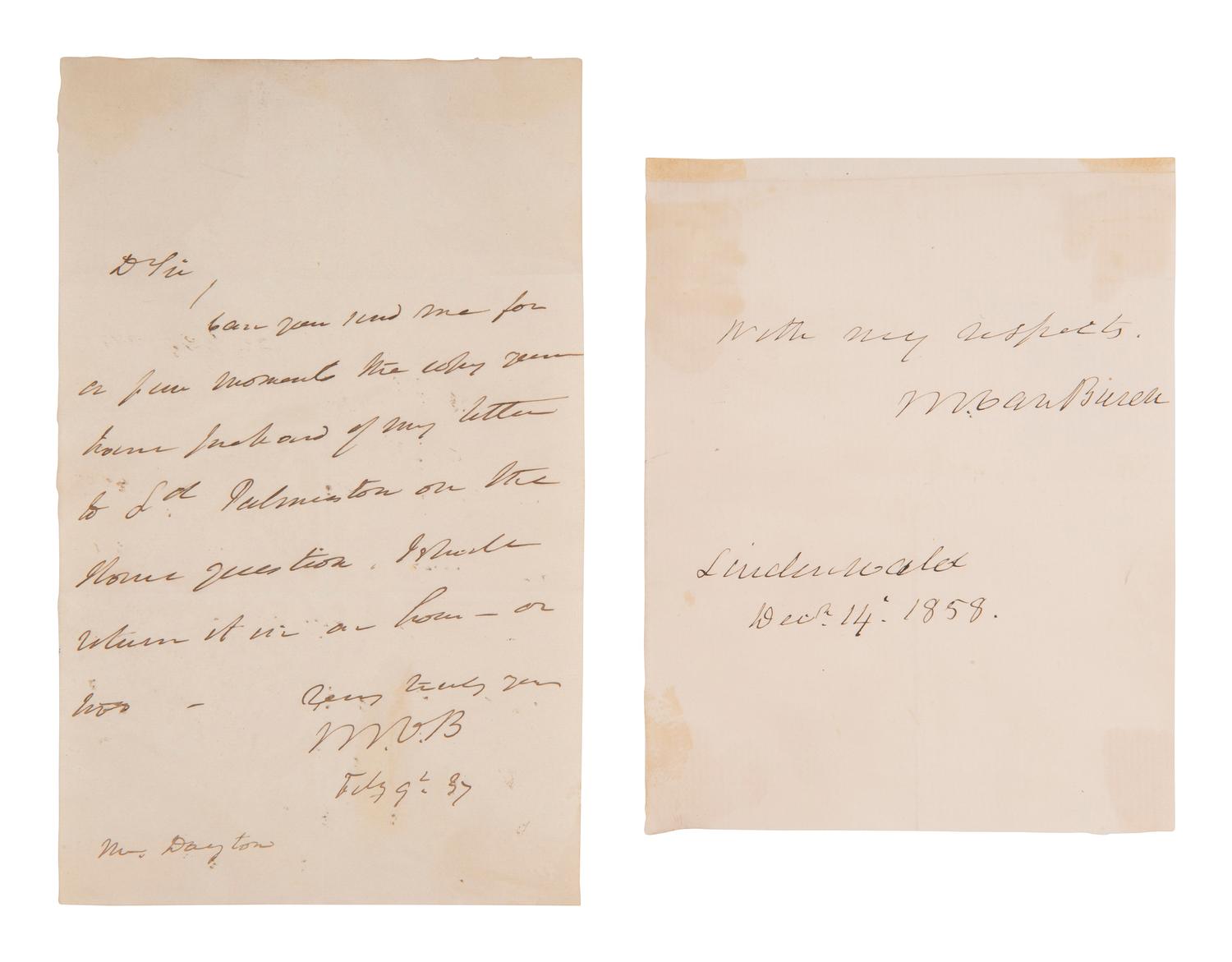 VAN BUREN, Martin (1782-1862). Autograph letter signed ("MVB"), to Mr. Dayton. N.p., 9 February 1837.
