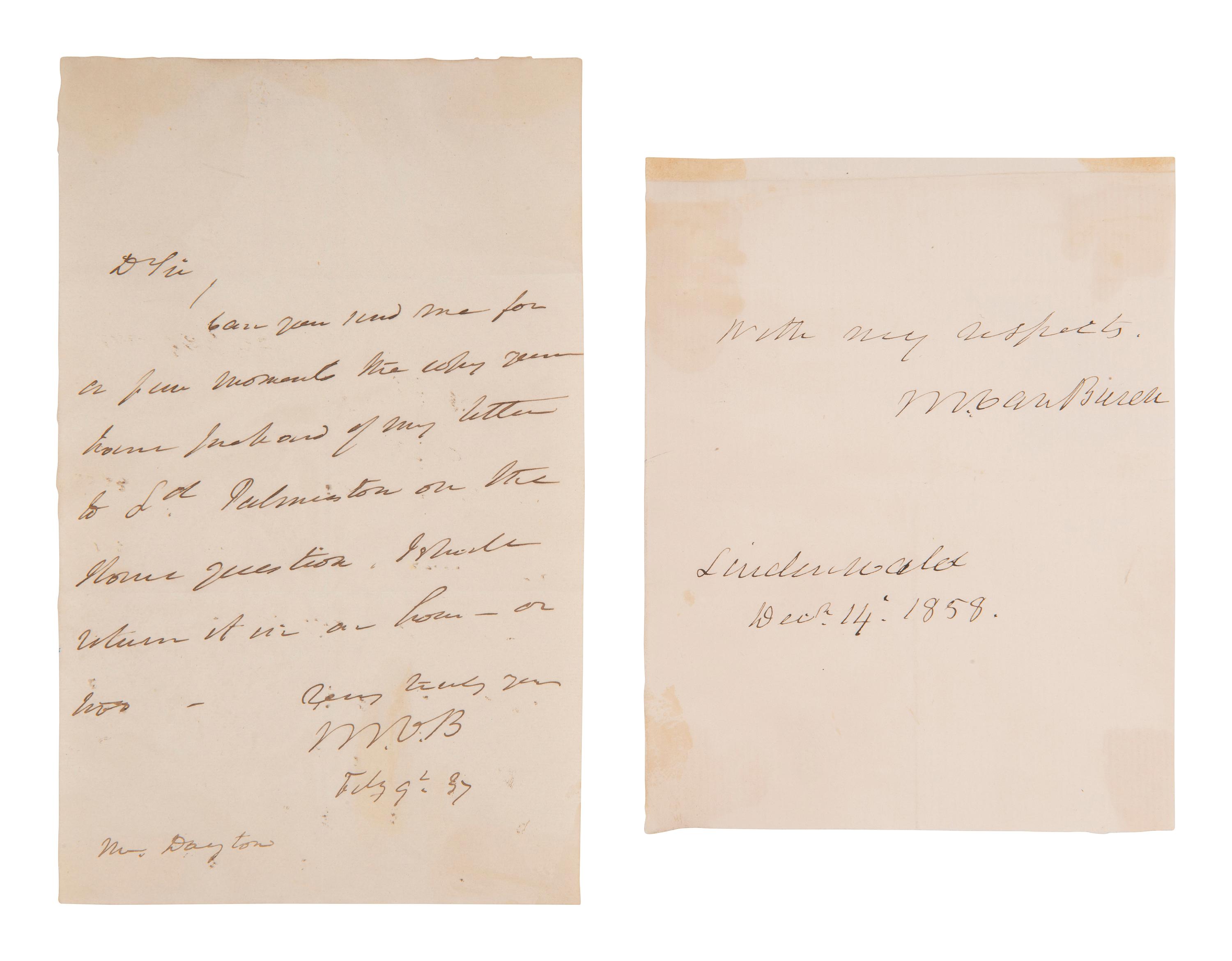 VAN BUREN, Martin (1782-1862). Autograph letter signed ("MVB"), to Mr. Dayton. N.p., 9 February 1837.
