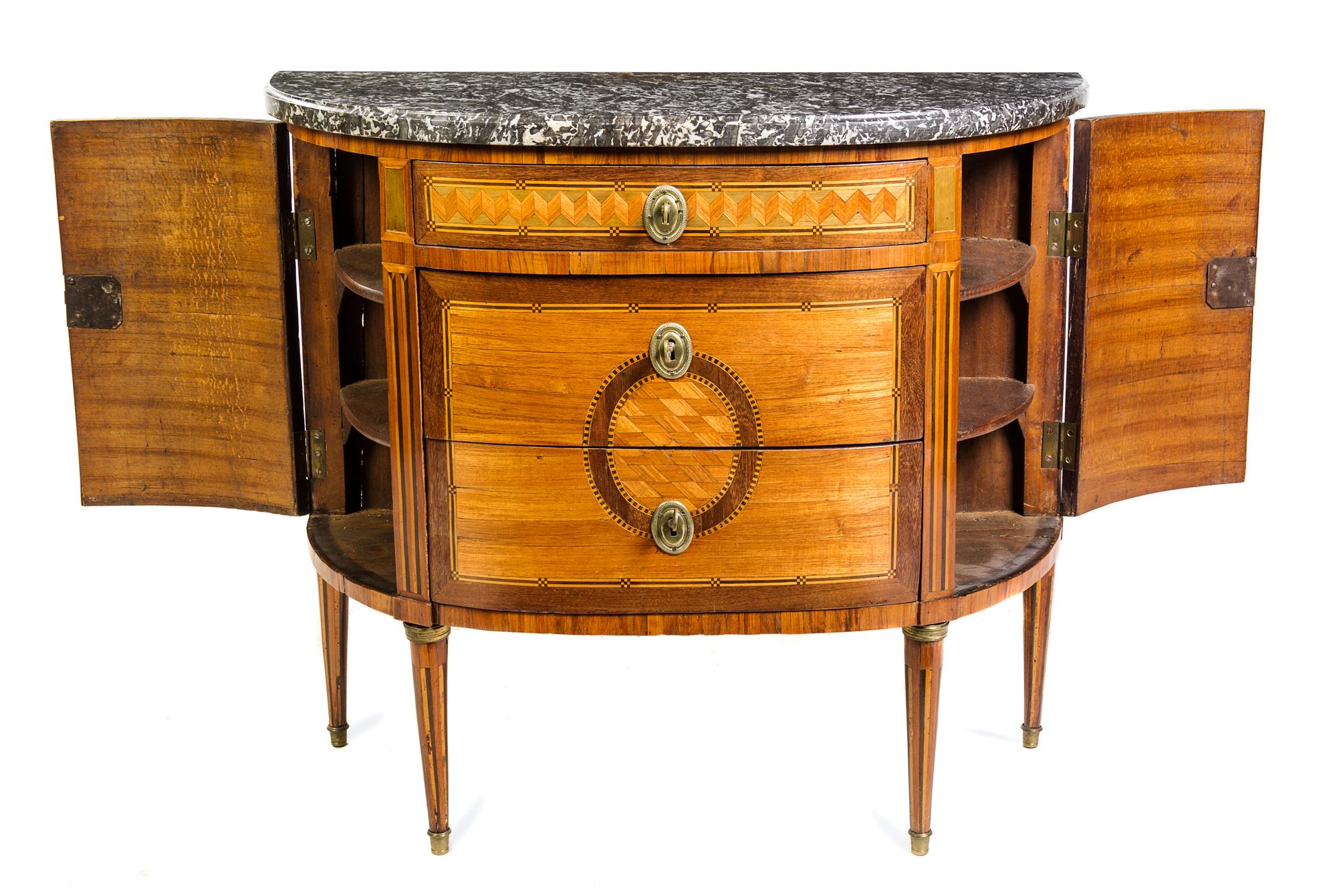 A Louis XVI Gilt Bronze Mounted Parquetry Commode Height 33 x width 38 x depth 17 inches. — 18TH CENTURY