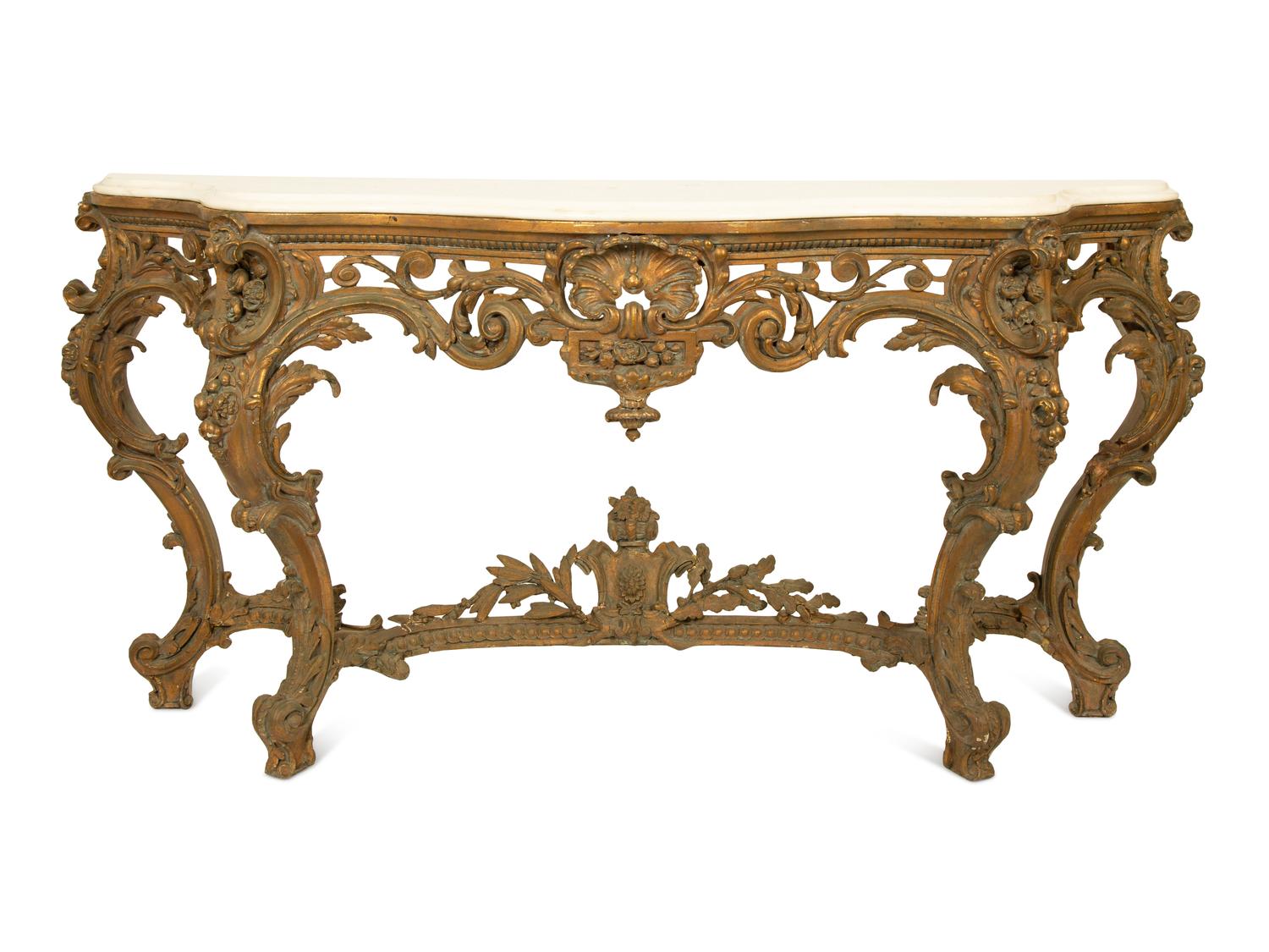 A Louis XV Carved Gilt Wood Serpentine Marble Top Console Table — 18TH/19TH CENTURY