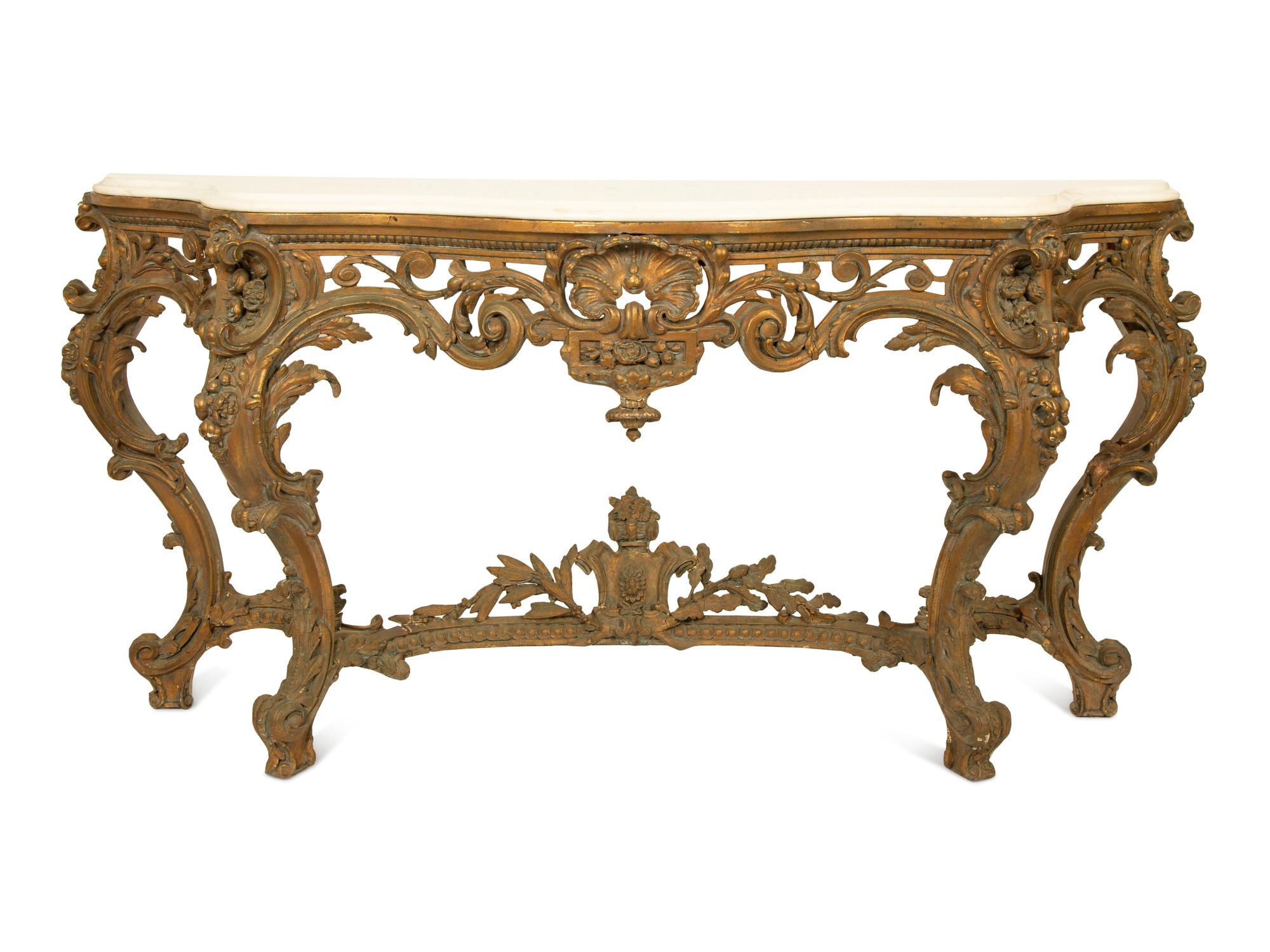 A Louis XV Carved Gilt Wood Serpentine Marble Top Console Table — 18TH/19TH CENTURY