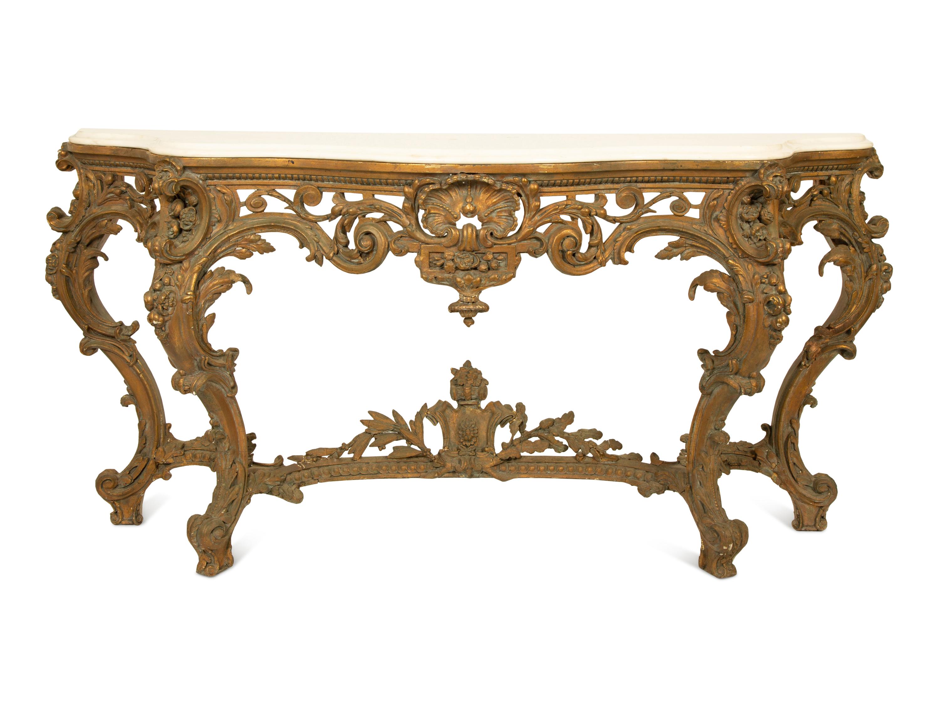 A Louis XV Carved Gilt Wood Serpentine Marble Top Console Table — 18TH/19TH CENTURY