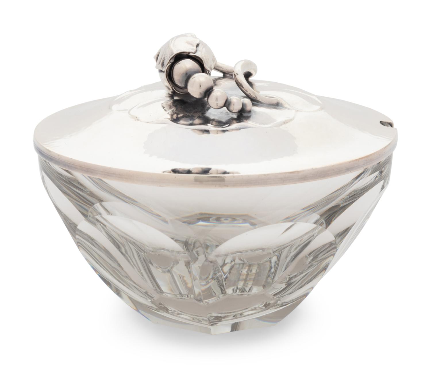 A Georg Jensen Silver Mounted Blossom Pattern Glass Jam Jar