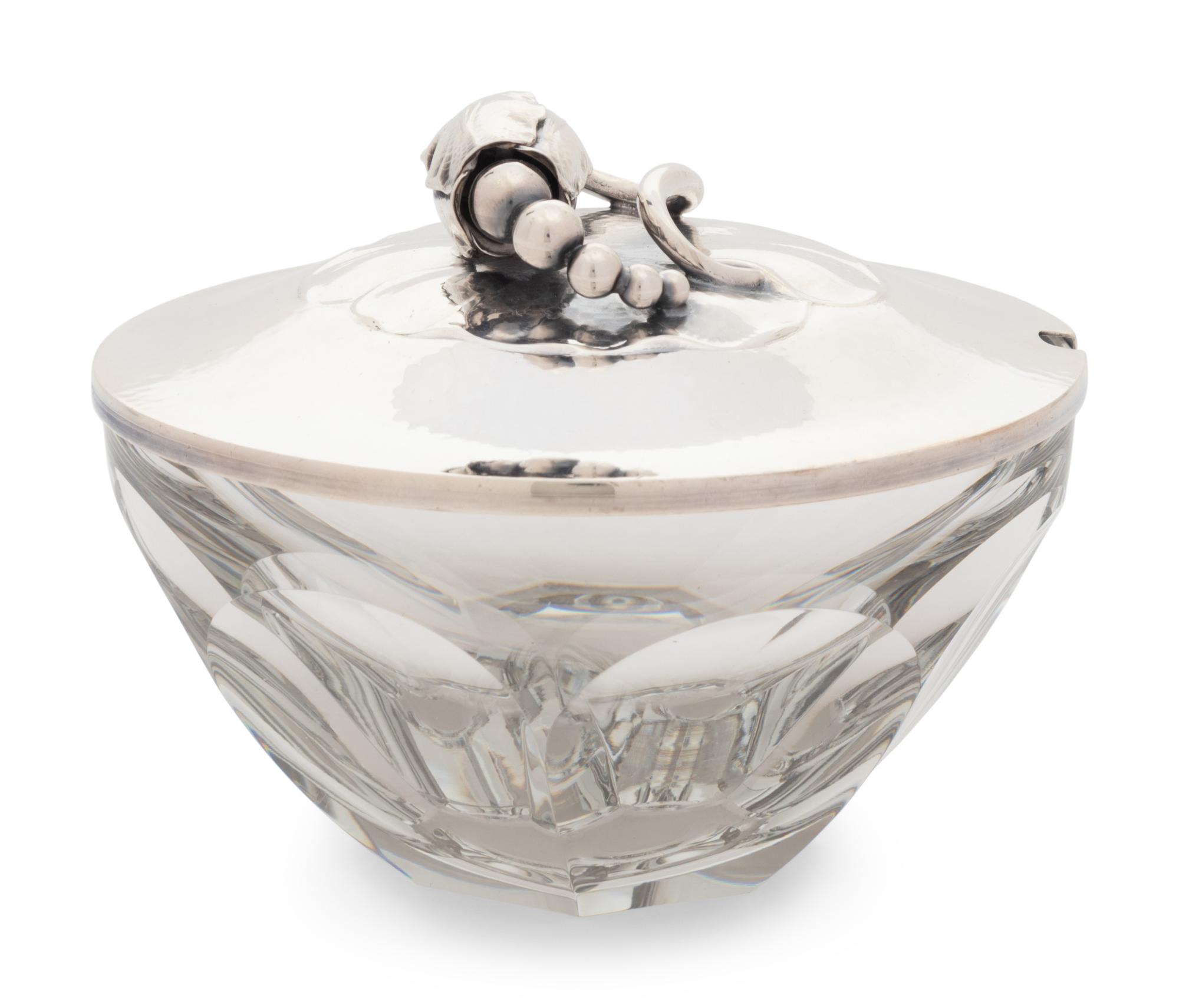 A Georg Jensen Silver Mounted Blossom Pattern Glass Jam Jar