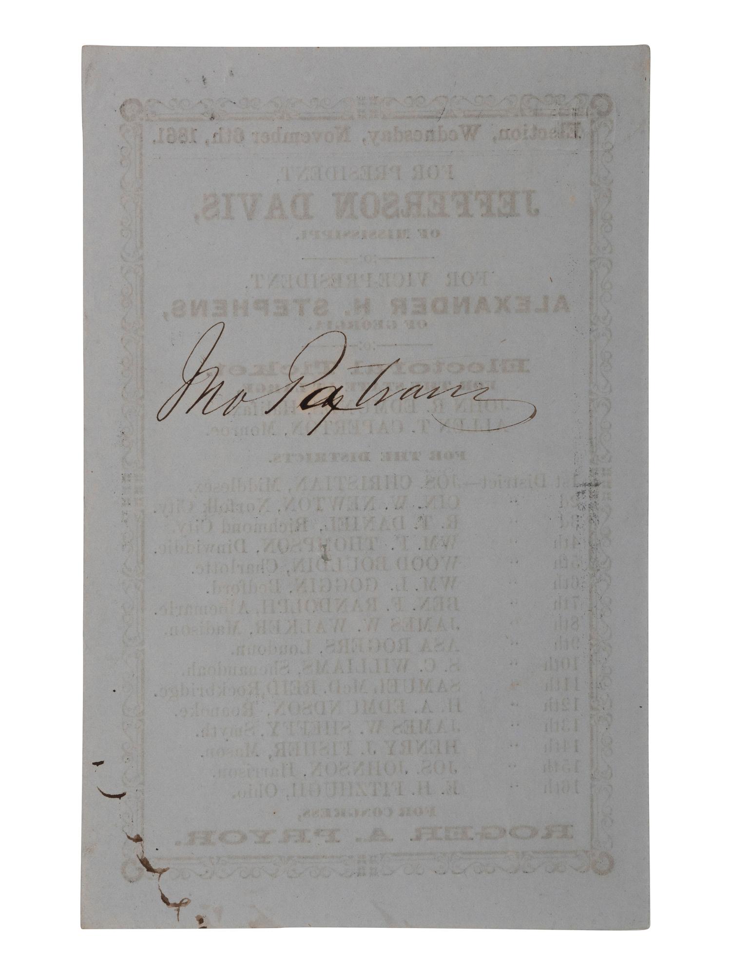 [CIVIL WAR - CONFEDERACY]. -- [DAVIS, Jefferson (1808-1889)]. 1861 Confederate Ticket from Virginia.