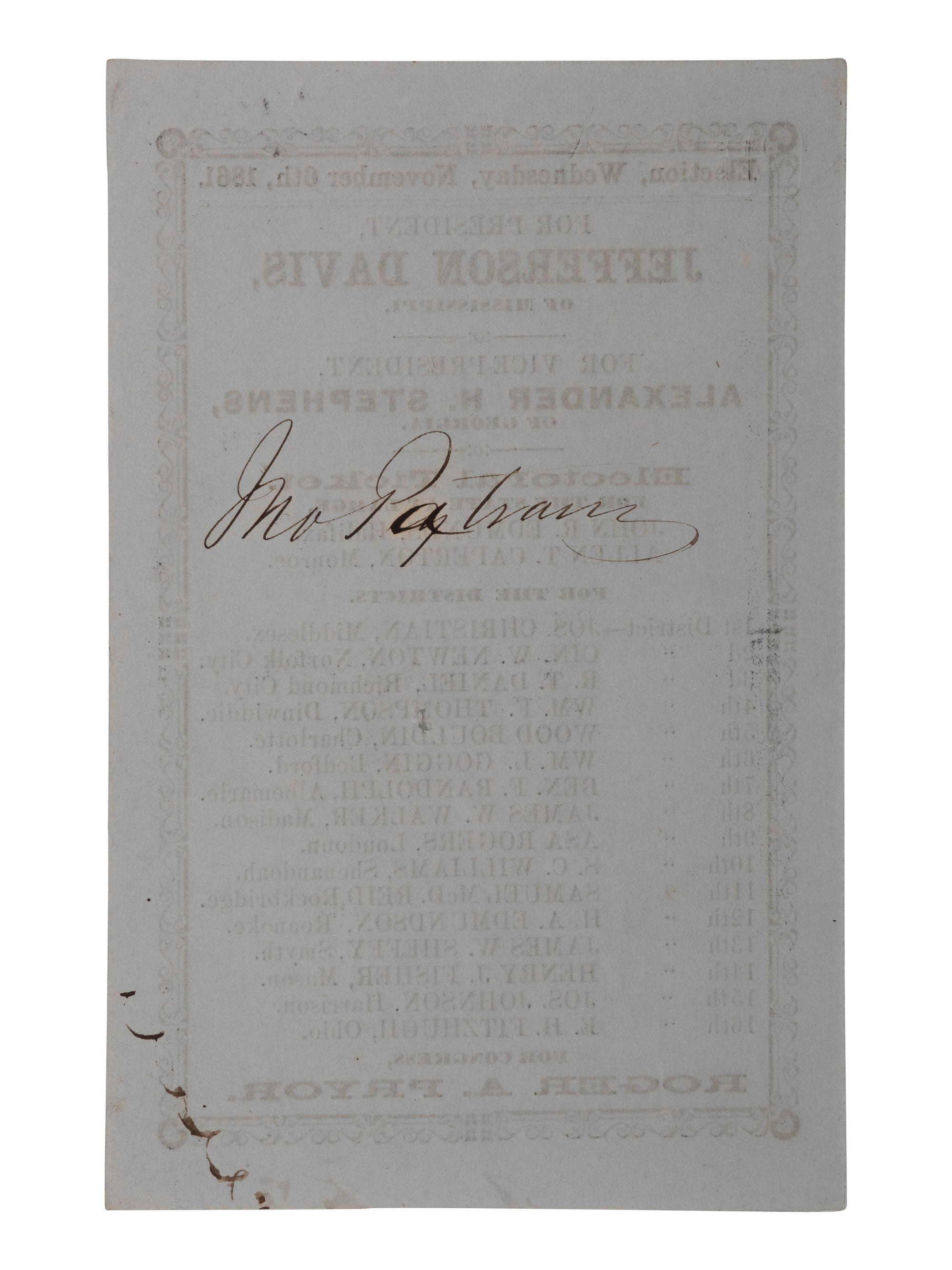 [CIVIL WAR - CONFEDERACY]. -- [DAVIS, Jefferson (1808-1889)]. 1861 Confederate Ticket from Virginia.
