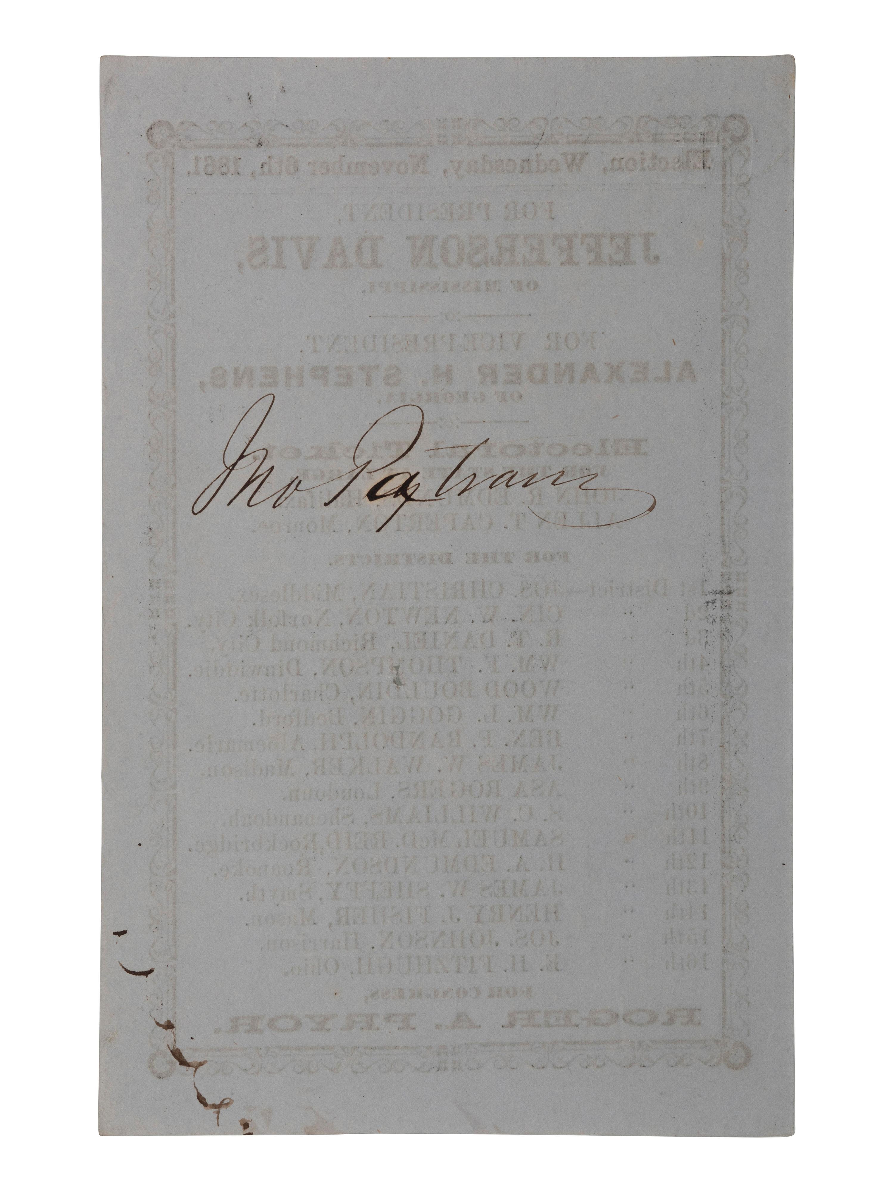 [CIVIL WAR - CONFEDERACY]. -- [DAVIS, Jefferson (1808-1889)]. 1861 Confederate Ticket from Virginia.