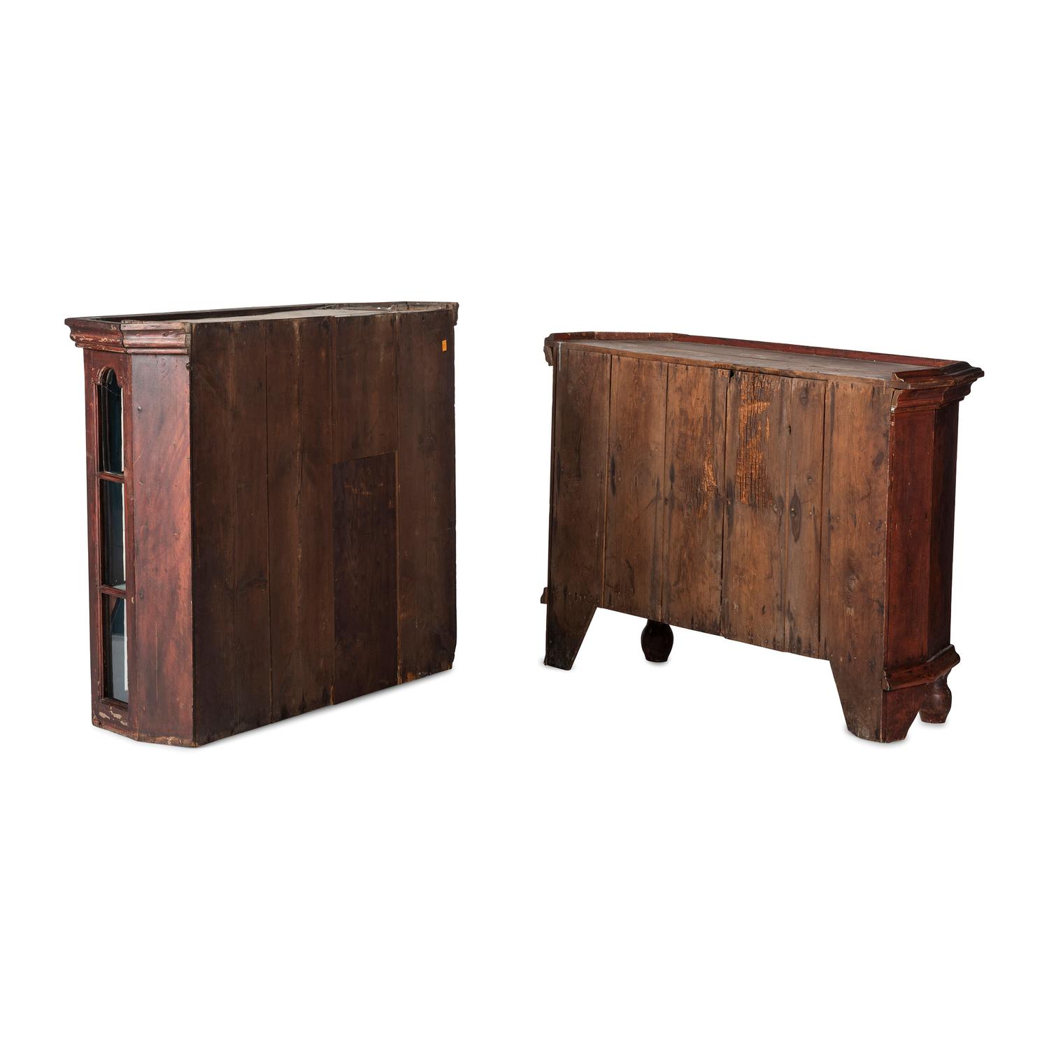 A Federal Red and Blue Painted Paneled Pine Cupboard