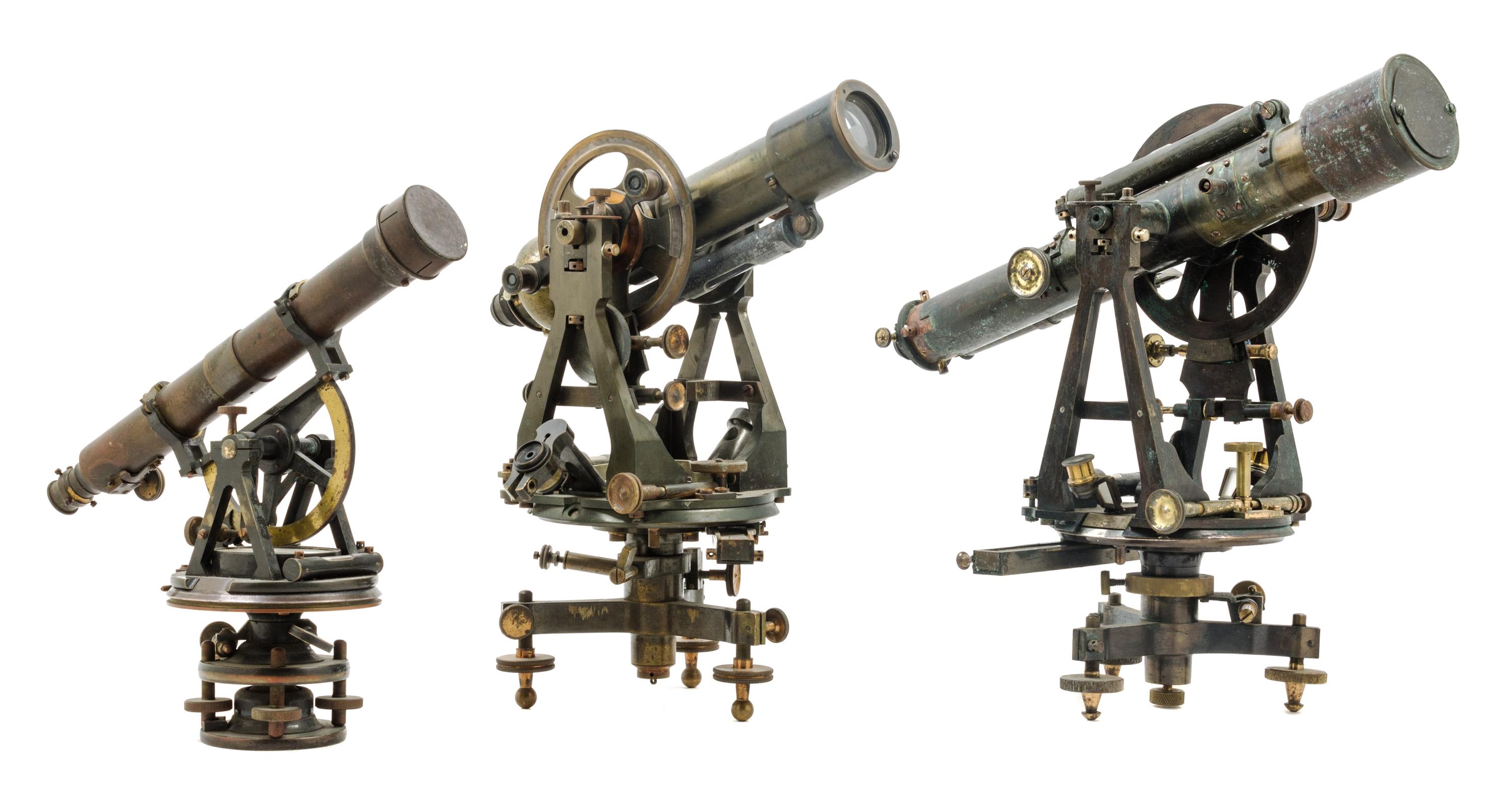 Three English Brass Theodolites Length of longest scope 16 inches. — LATE 19TH/EARLY 20TH CENTURY