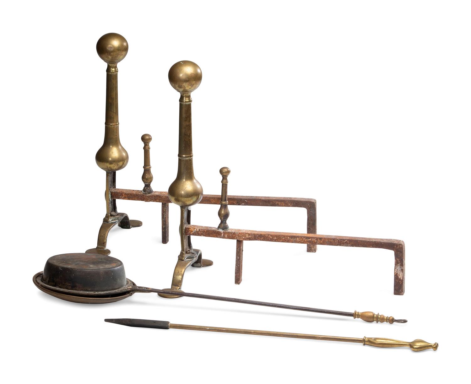 A Pair of Federal Brass and Wrought-Iron Andirons
