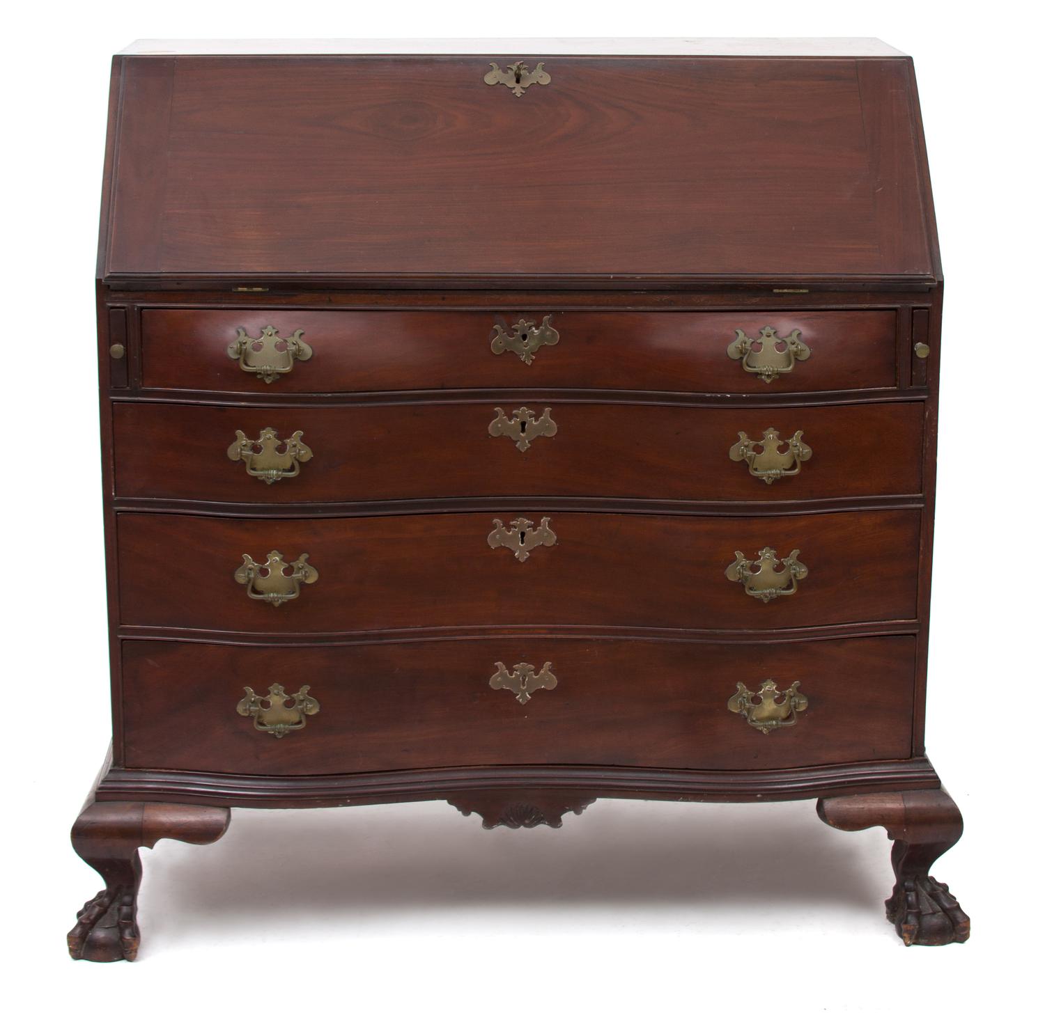 An American Chippendale Style Mahogany Slant Front Oxbow Desk Height 45 x width 46 x depth 25 inches. — 19TH CENTURY
