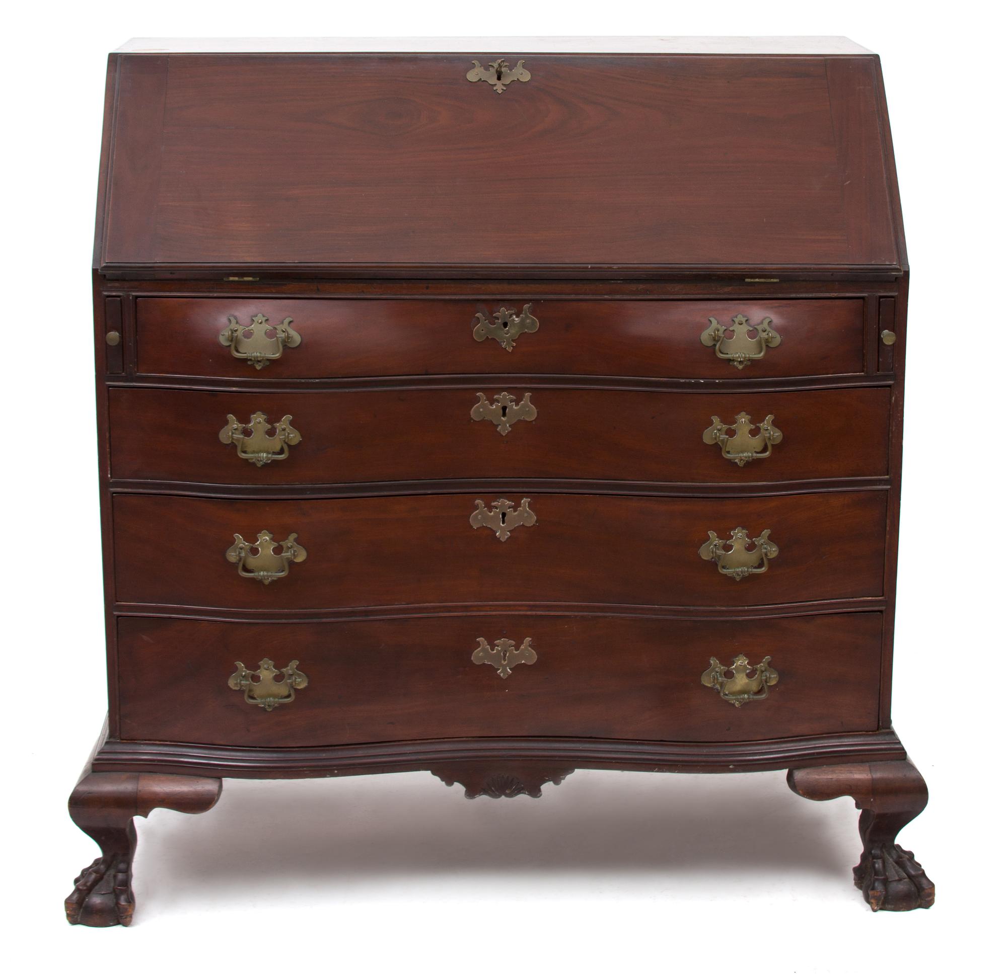 An American Chippendale Style Mahogany Slant Front Oxbow Desk Height 45 x width 46 x depth 25 inches. — 19TH CENTURY
