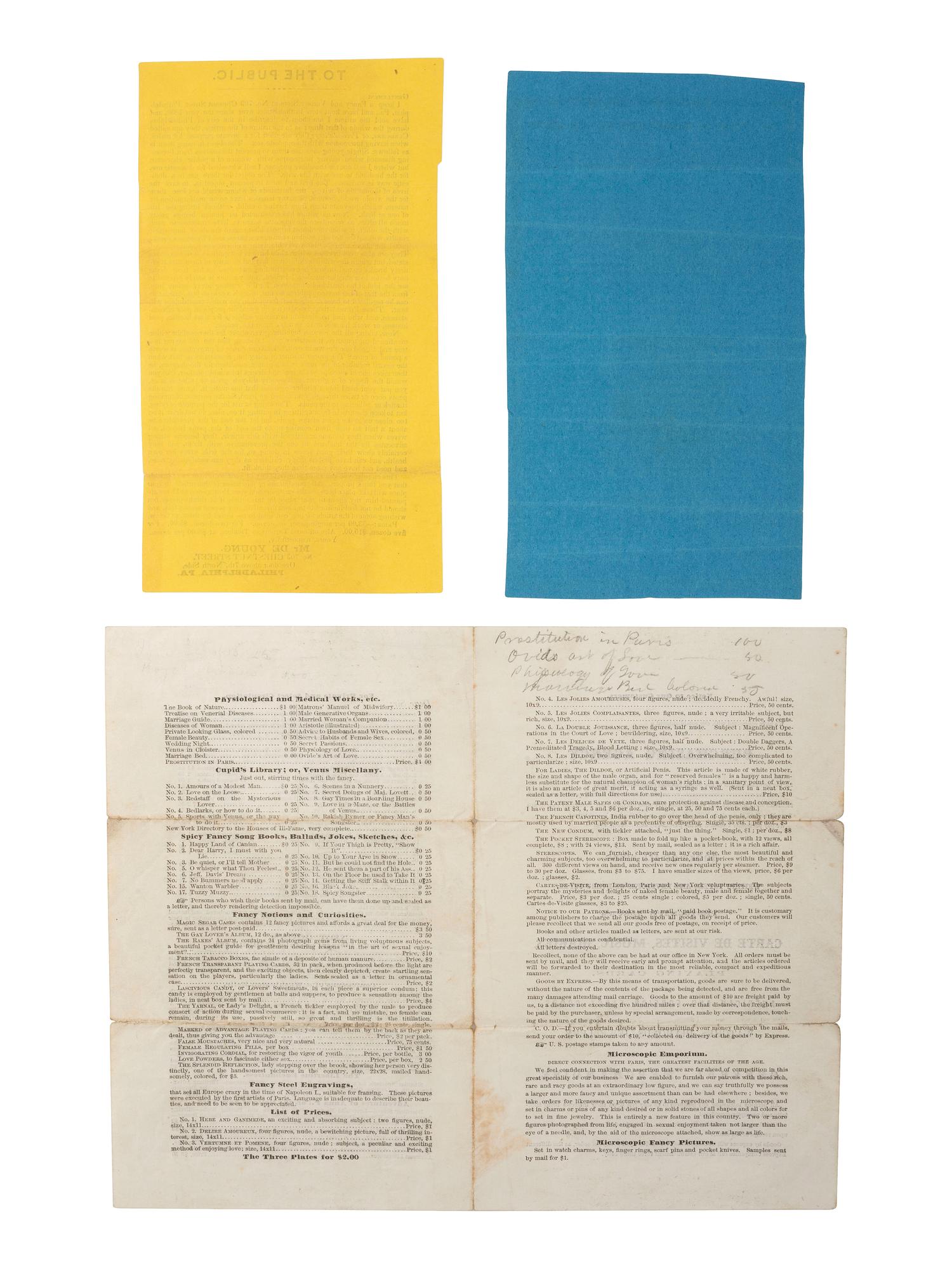 [CIVIL WAR -- 19TH CENTURY PROPHYLACTICS]. A salesman's sample "preventative" with accompanying handbills.