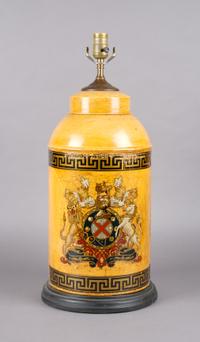 A Painted Tole Cannister Mounted as a Lamp, Height overall 23 inches.
