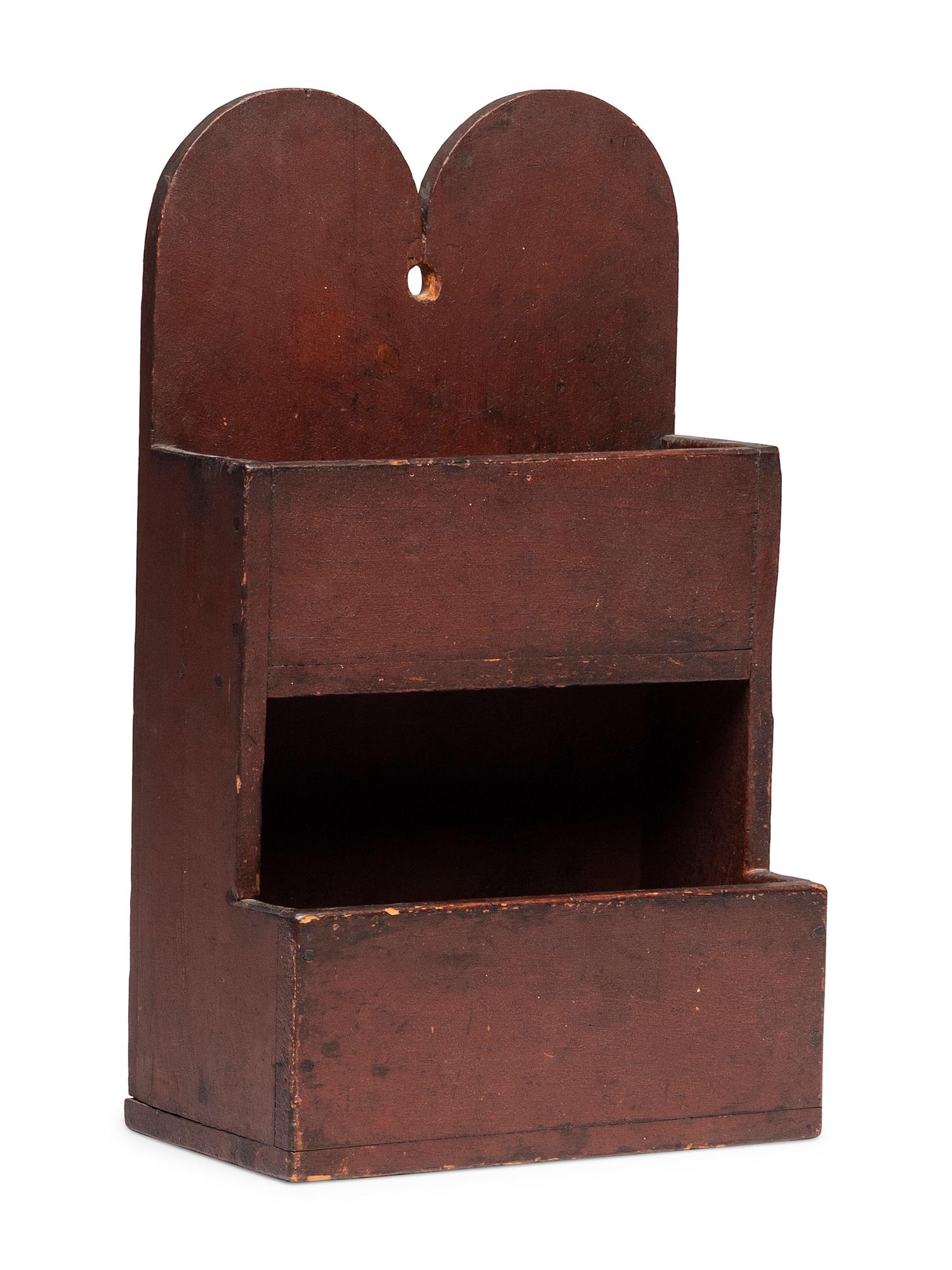 A Queen Anne Carved and Red Painted Pine Hanging Wall Box