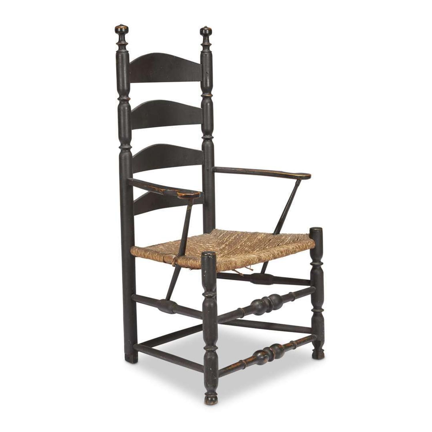 Black-painted slat-back rush seat armchair probably Connecticut, 18th century