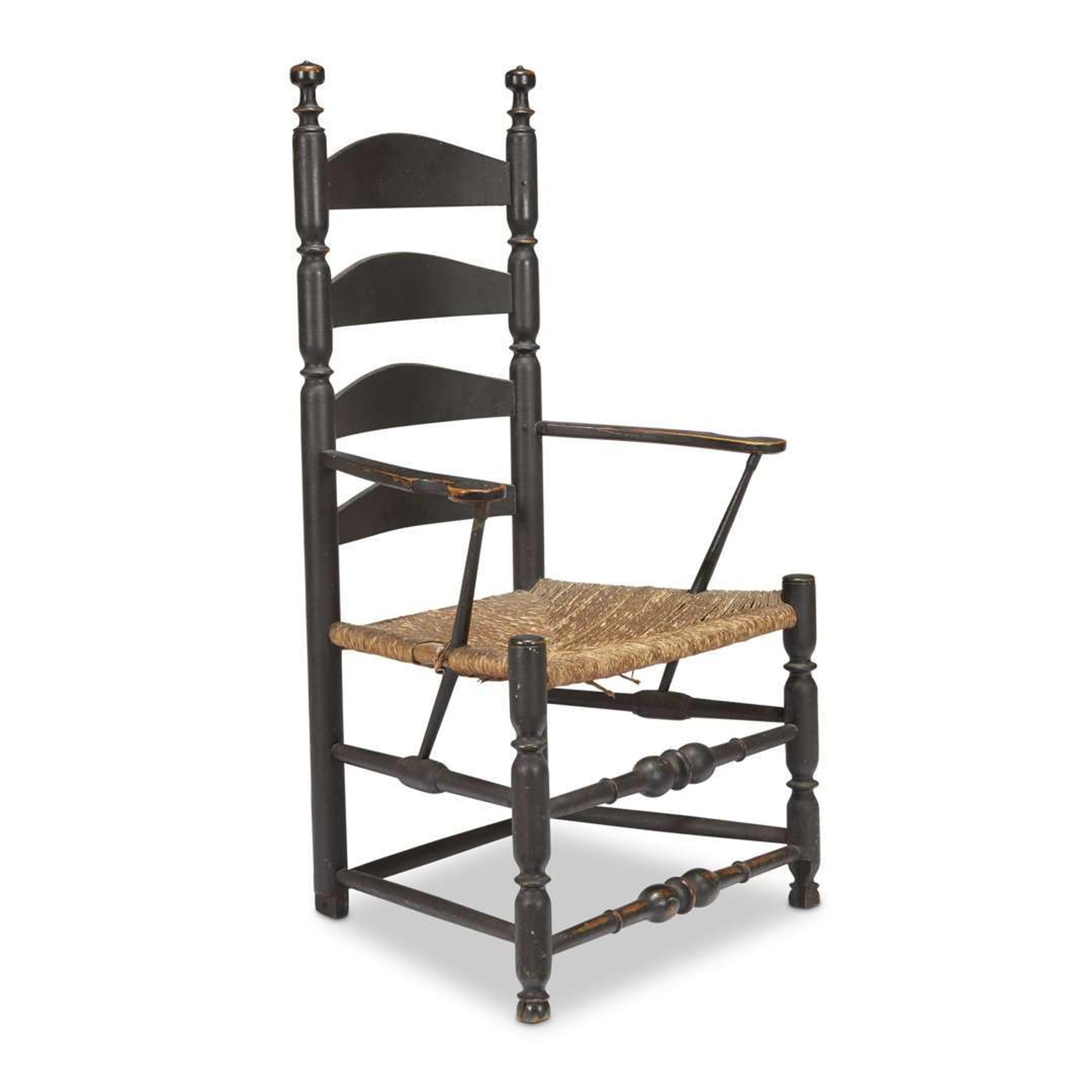 Black-painted slat-back rush seat armchair probably Connecticut, 18th century