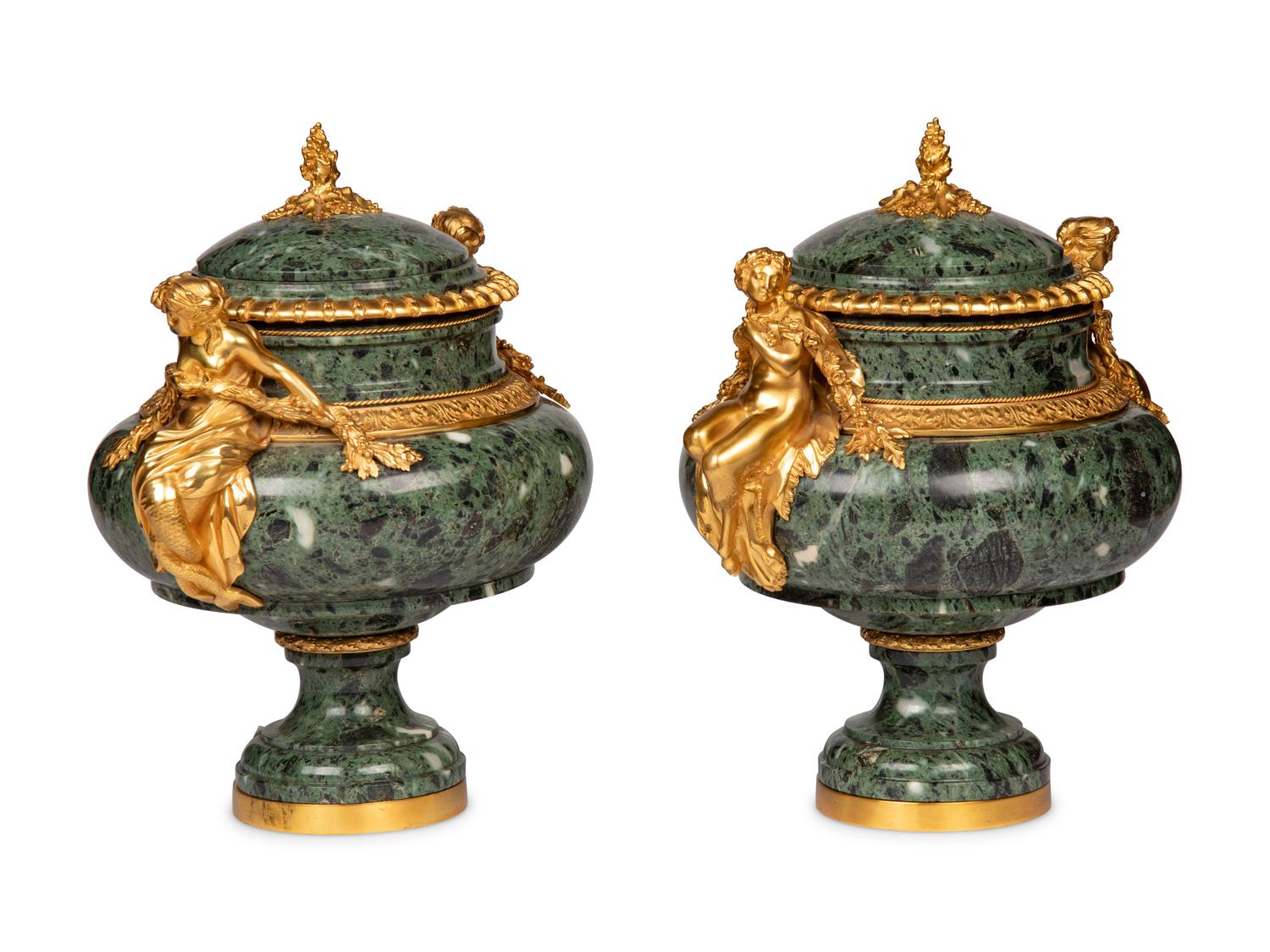 A Pair of French Gilt Bronze Mounted Marble Urns