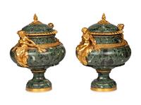 A Pair of French Gilt Bronze Mounted Marble Urns
