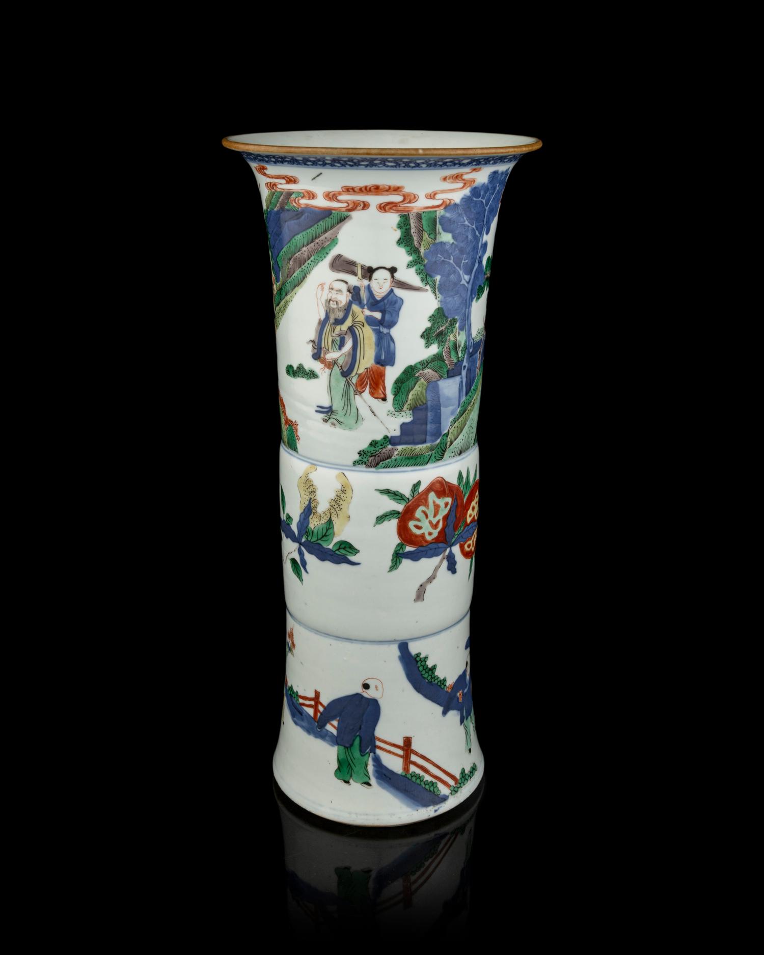 A Chinese Underglazed Blue and Wucai Porcelain Gu Vase