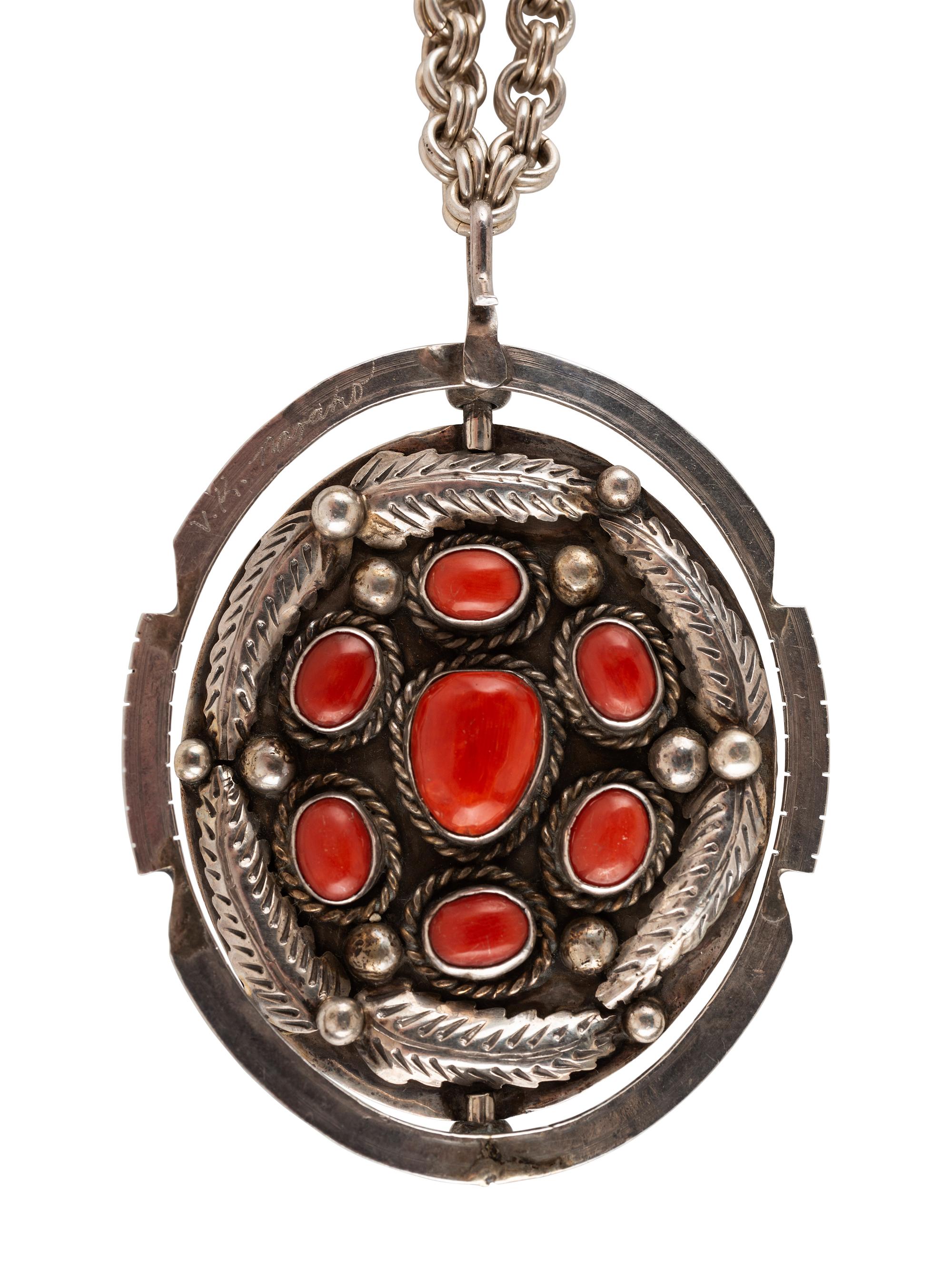 Navajo Reversible Silver Pendant, with Coral and Turquoise