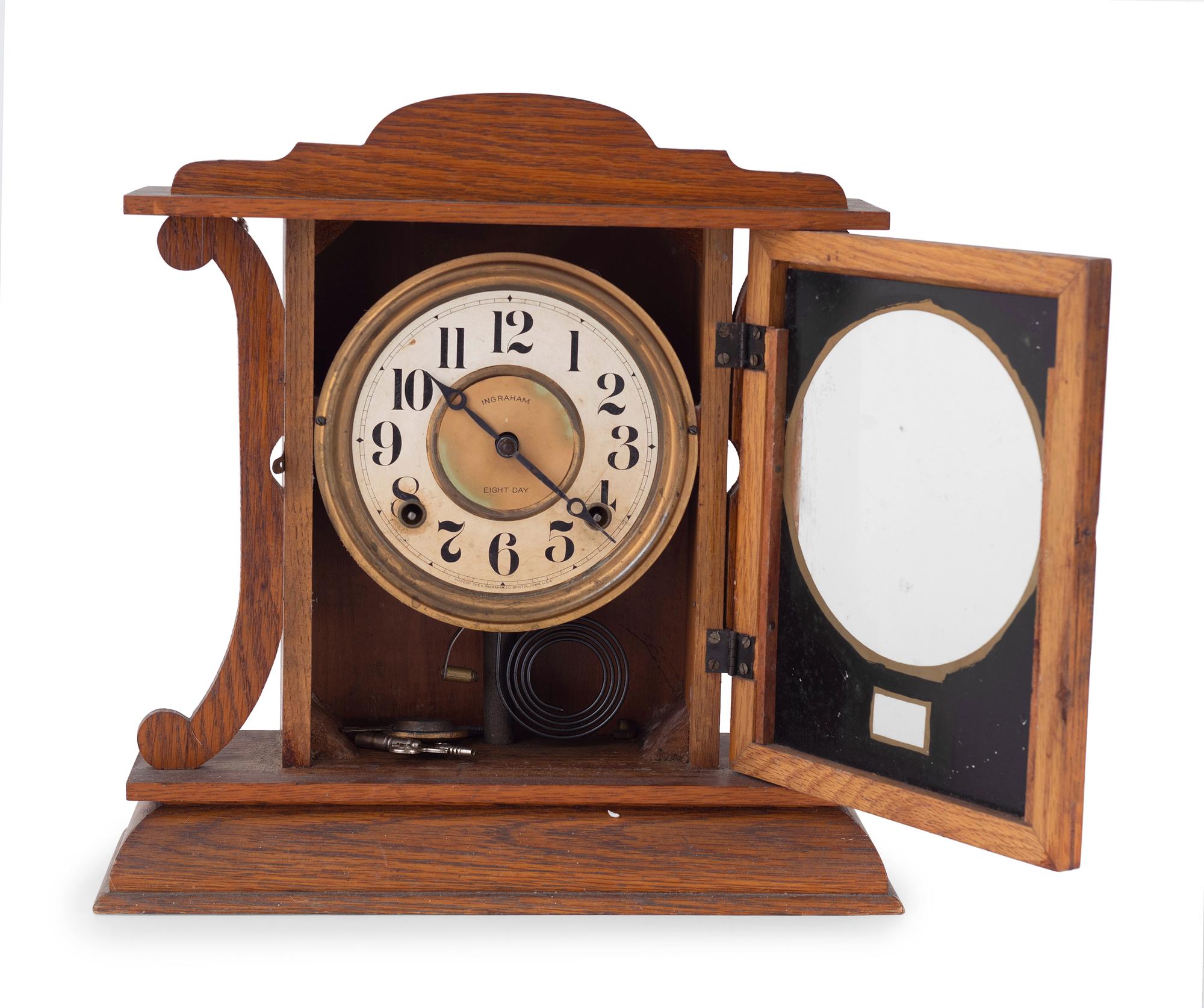 A Central Scientific Co. Scale, an Ingraham Eight-Day Movement Mantle Clock and Framed Salesmen Samples of Blue Grass Axes
